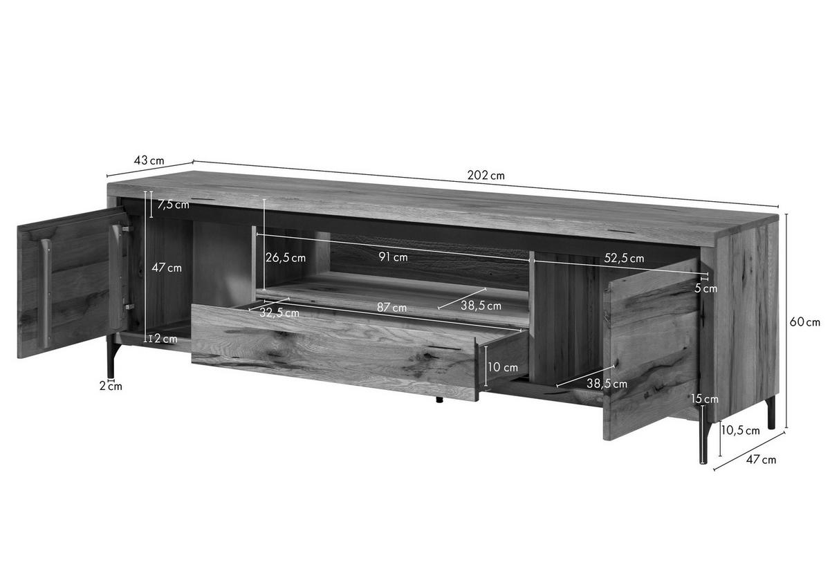 TV-BOARD Wild-/Zerreiche 202x47x60 natur geölt MONTREUX LUX #110 - Naturfarben, Holz (202/60/47cm) - Massivmoebel24