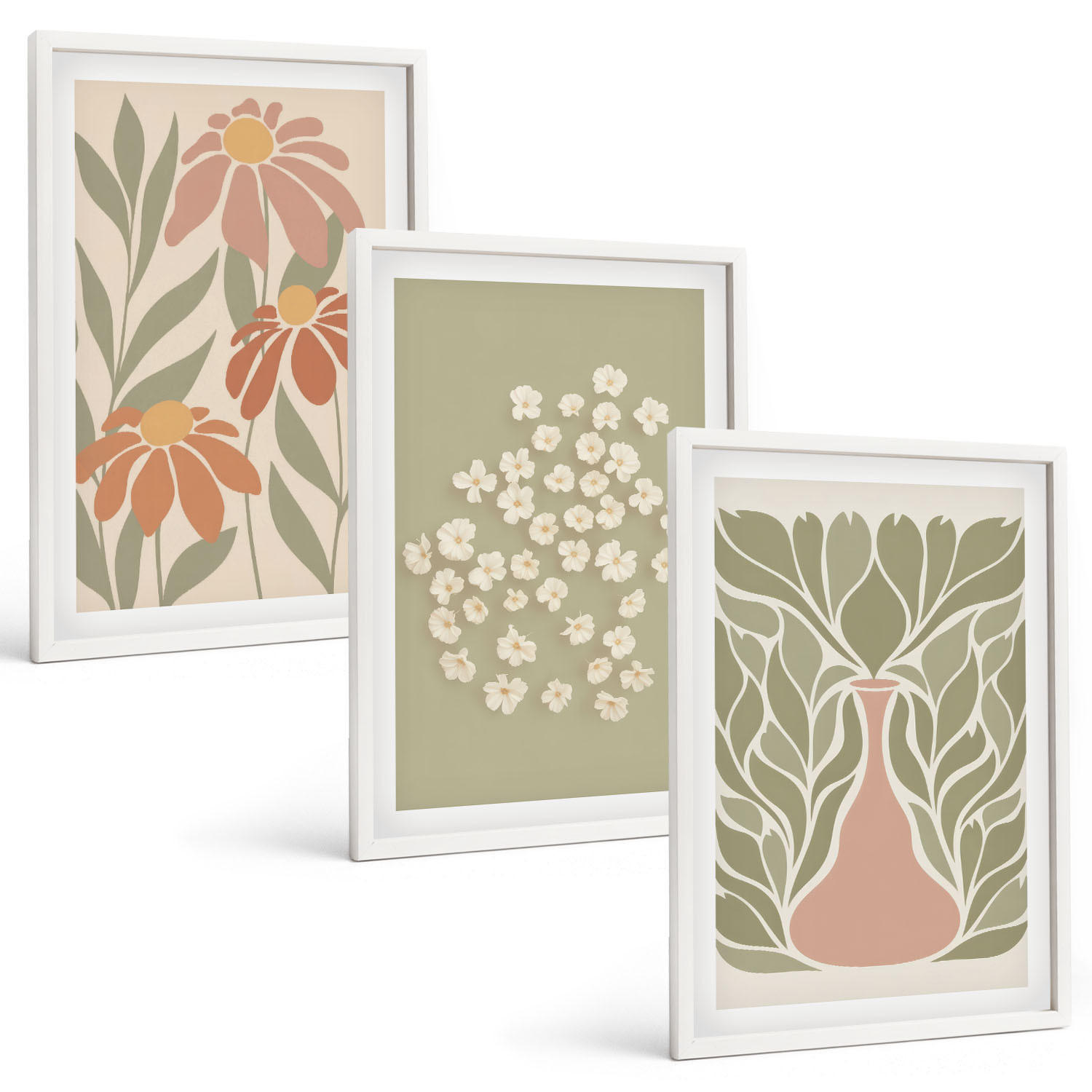 BILDER SET 3er Set - 40x60 cm Weißer Rahmen - Florale Boho-Muster - Weiß, Kunststoff (40/60cm) - TULUP