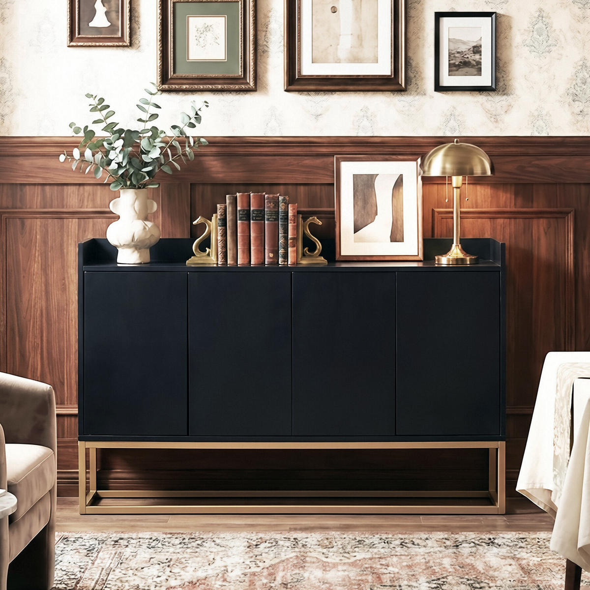 SIDEBOARD Push-to-Open mit 4 Türen 120/30/80 cm Schwarz/Gold - Schwarz, Holzwerkstoff (120/80/30cm) - Creahappy