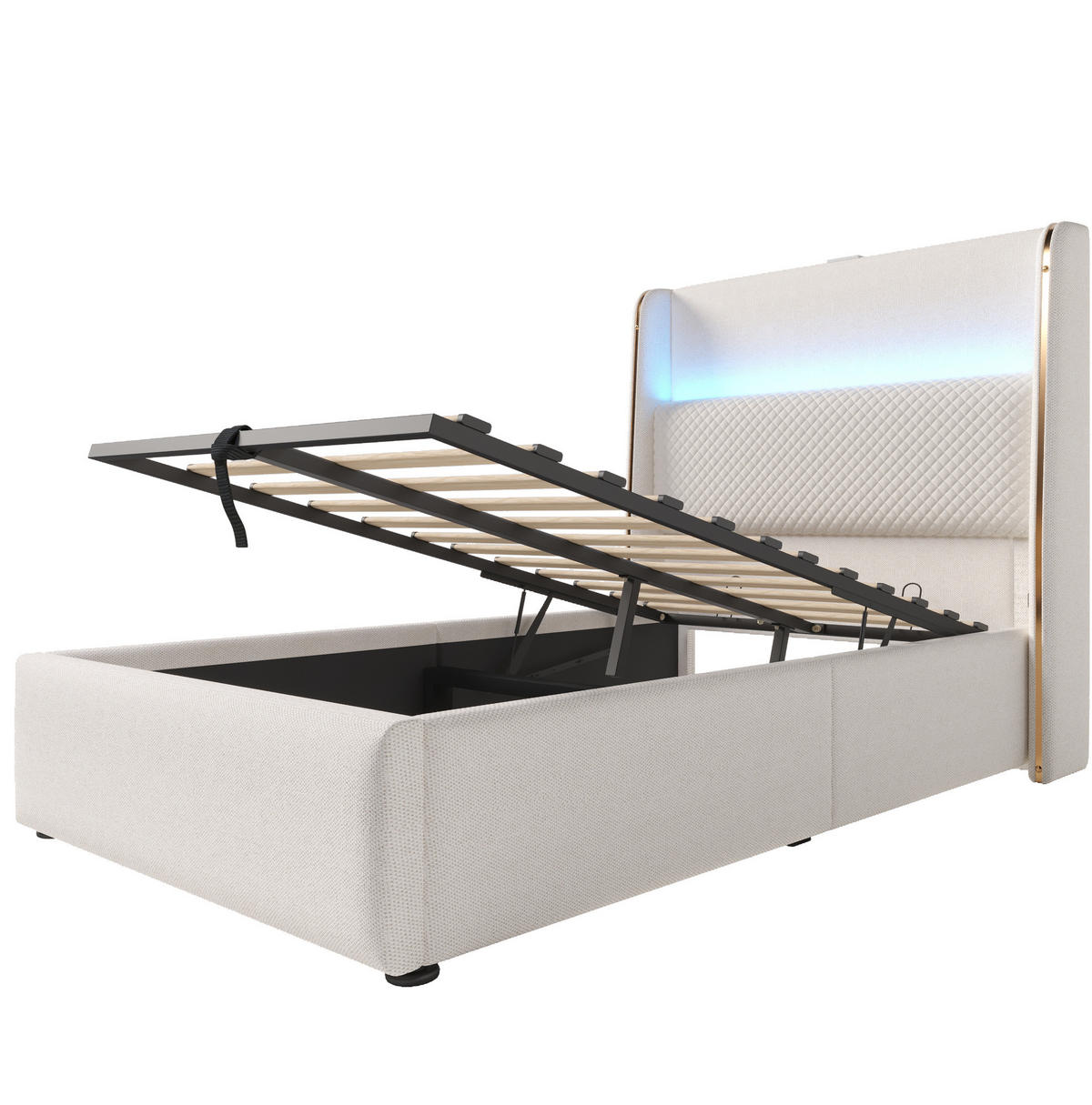 ČALÚNENÁ posteľ z ľanu 90x200 cm béžová s vysokým čelom, LED osvetlením, USB/Type-C a úložným priestorom - béžová, textil (90/200cm) - Modfu