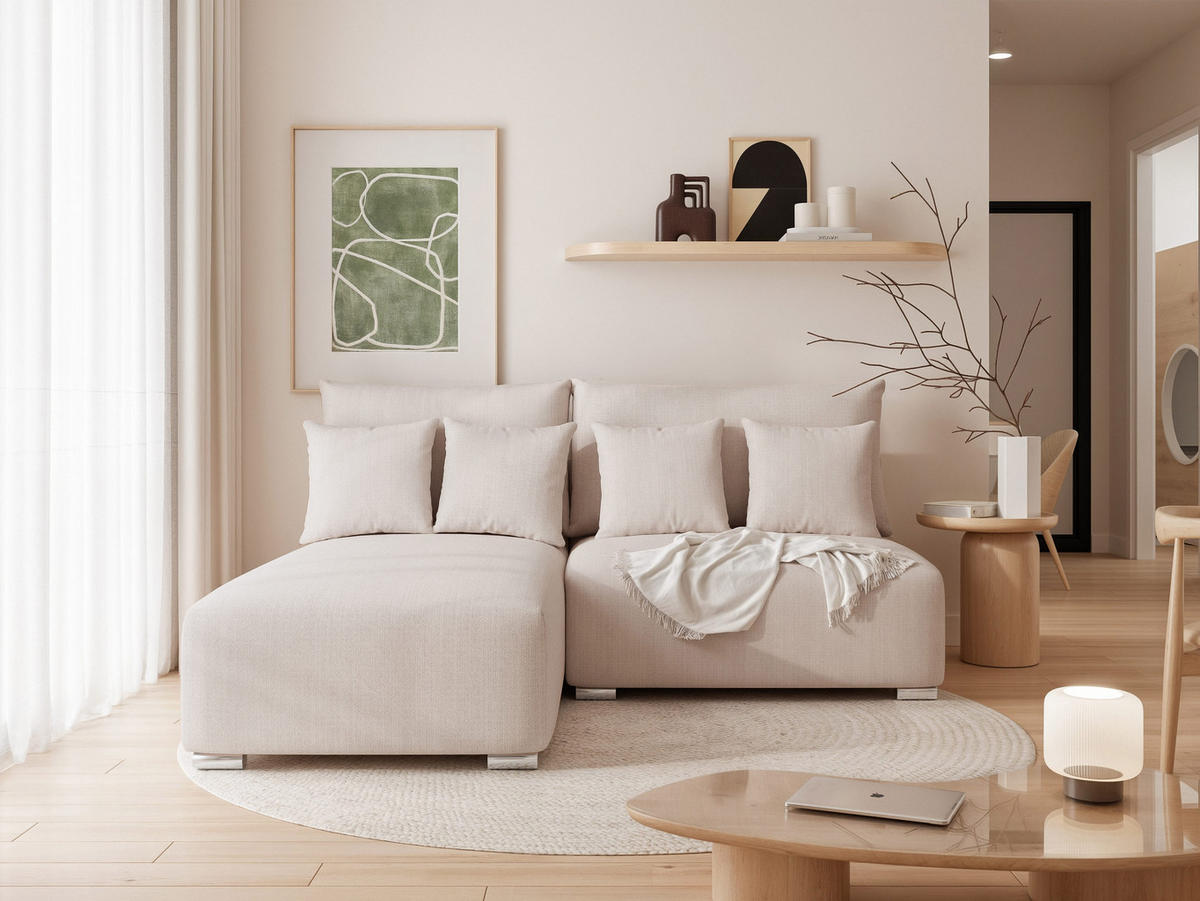 ECKSOFA ELVO mit Schlaffunktion und Bettkasten Creme - Creme, Holzwerkstoff/Kunststoff (208/190cm) - Idohome