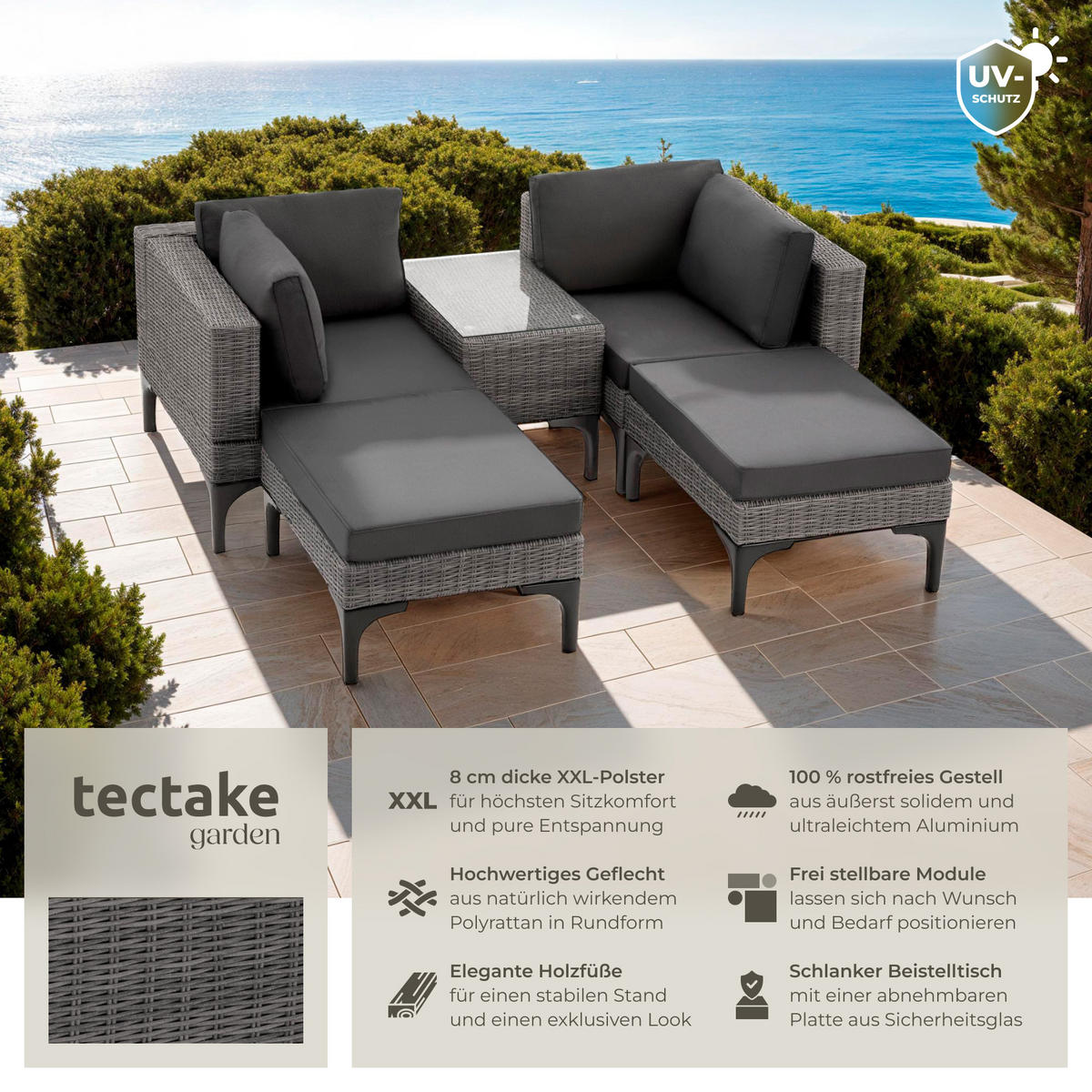 RATTANLOUNGE Bellaria,mit Sicherheitsglasplatte,grau - Grau, Kunststoff/Metall - tectake