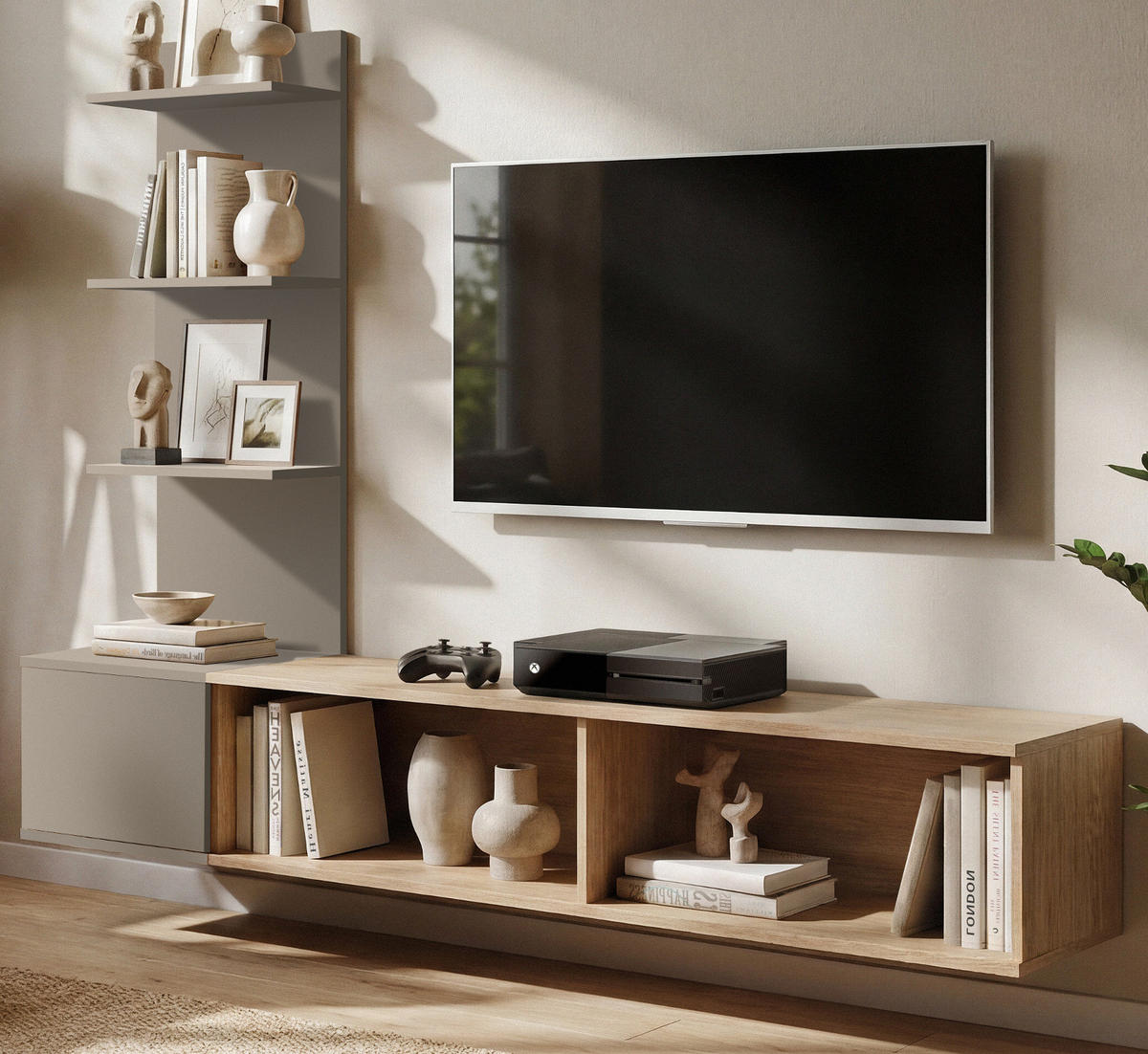 TV-LOWBOARD Eiche mit Lehm-Grau 180 cm hängend, TV Unterschrank Set mit Paneel und Regal - Eichefarben/Hellgrau, Holzwerkstoff (180/130/40cm) - Inn.Furn