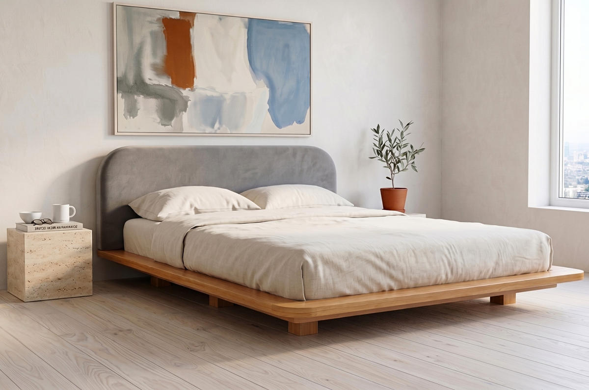 MASSIVHOLZBETT Eyko BORA, 180/200, Buche - lackiert, Samt-Kopfteil Grau - Buchefarben/Grau, Holz/Textil (180/200cm)