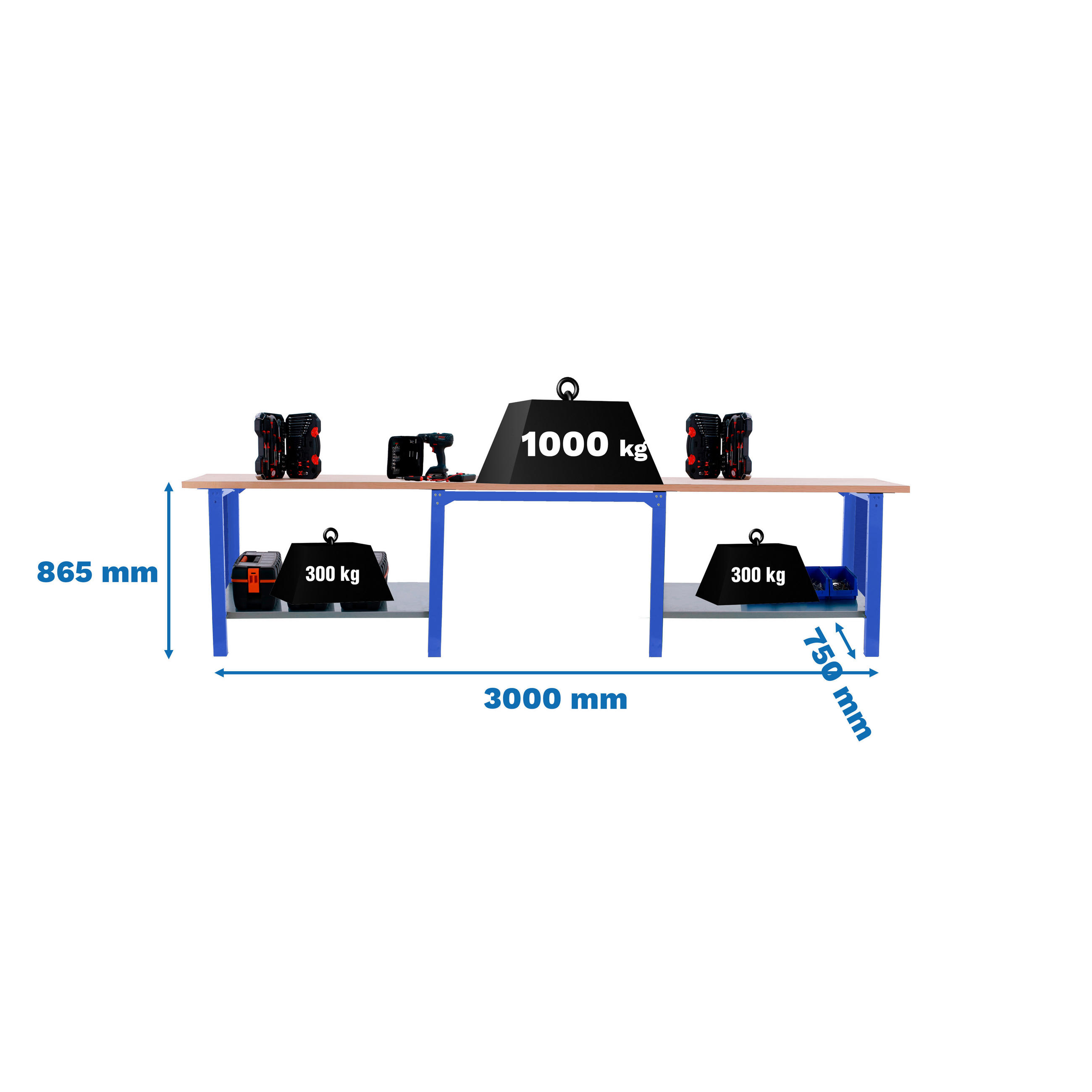 WERKBANK Buffalo Wood HxBxT 86,5 x 300 x 75 cm Traglast 1000 kg Blau - Blau, Metall (300/86.5/75cm) - PROREGAL