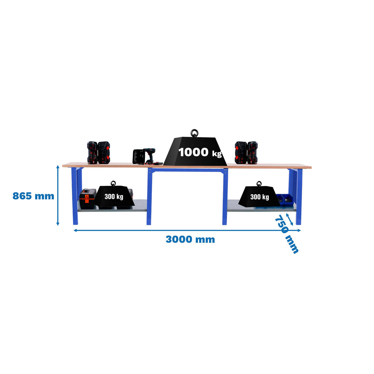 WERKBANK Buffalo Wood HxBxT 86,5 x 300 x 75 cm Traglast 1000 kg Blau - Blau, Metall (300/86.5/75cm) - PROREGAL