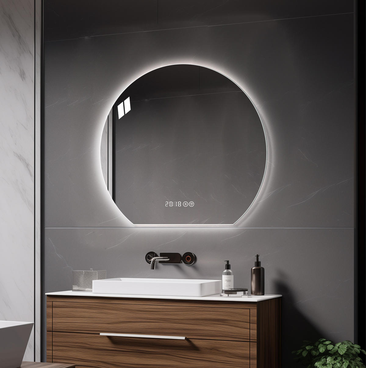 LED Badezimmerspiegel 80x72x2.5cm Silber, dimmbar mit 3 Lichtfarben, Entspiegelung & Smart-Display - Silberfarben, Glas (2.5/80/72cm) - Modfu