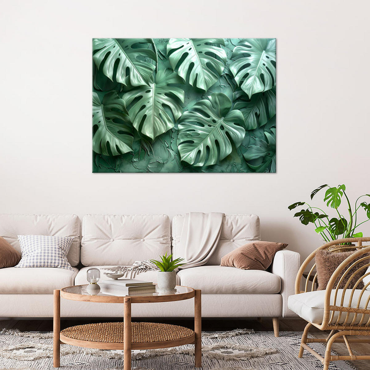 WANDBILD, Grüne Monstera-Blätter - Grün, Textil (45/30cm) - Feeby