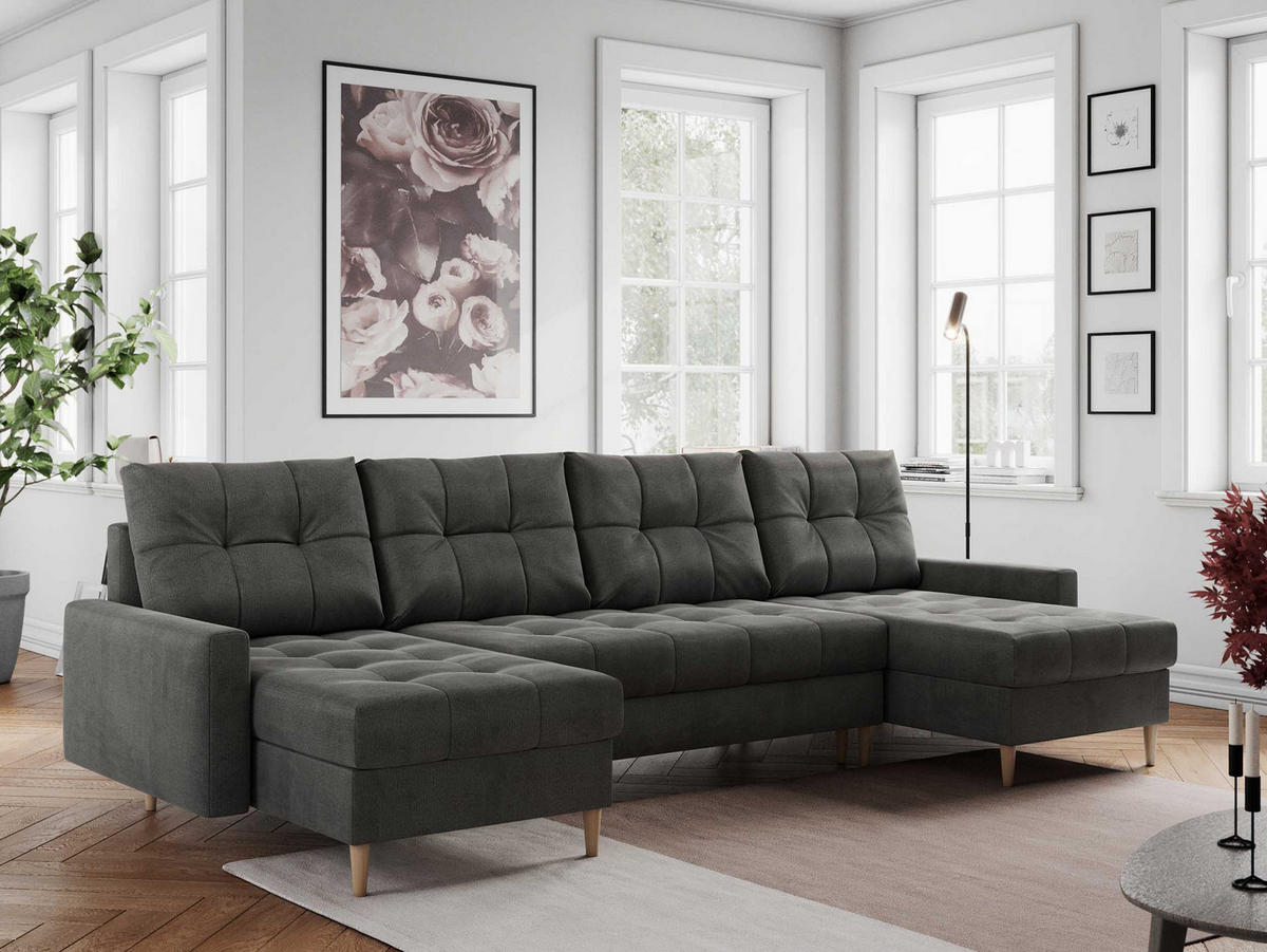 WOHNLANDSCHAFT Colin U Velvet Dunkelgrau - Dunkelgrau/Braun, Holz/Textil (290/75/140cm) - MKS