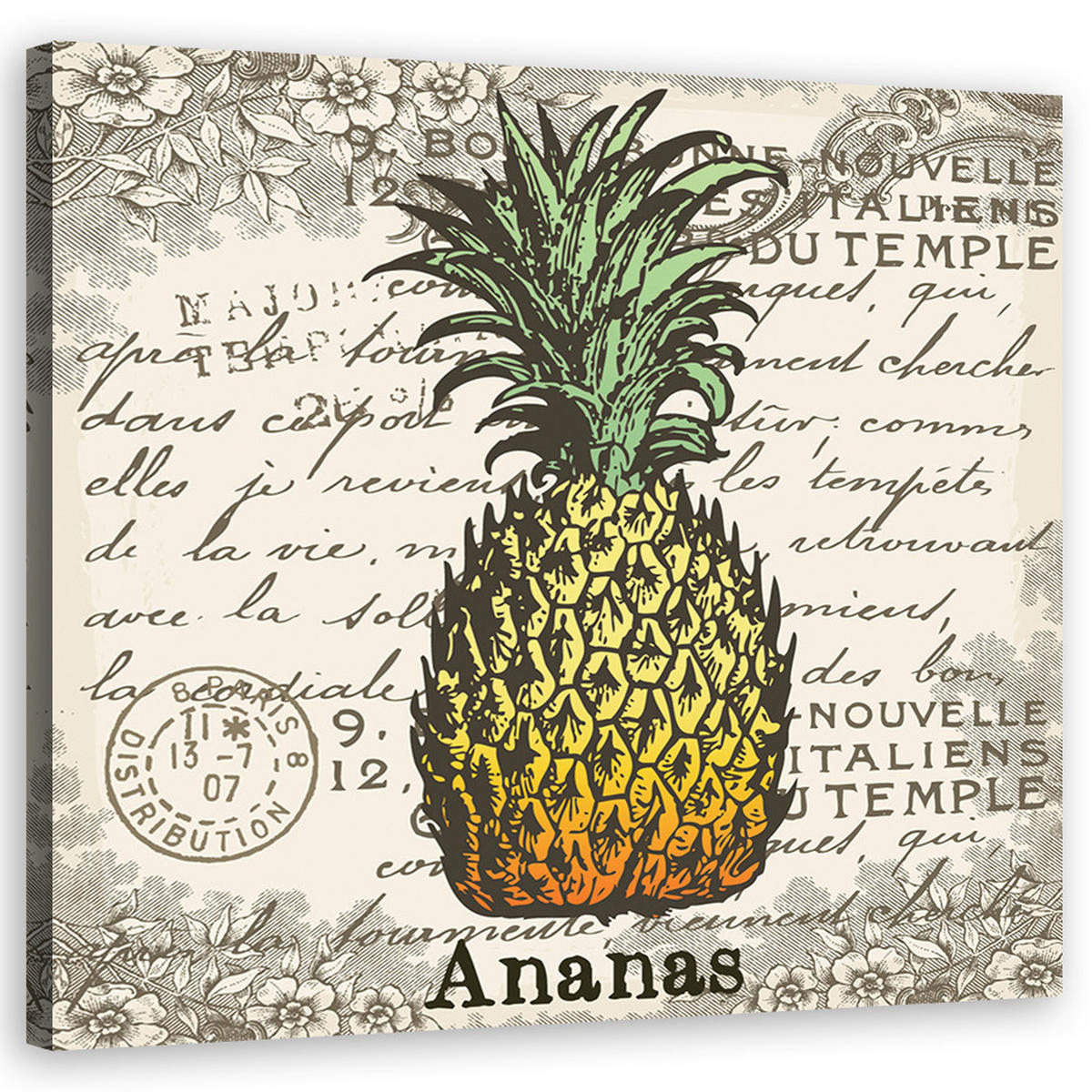 WANDBILD vintage ananas - Gelb, Textil (50/50cm) - Feeby