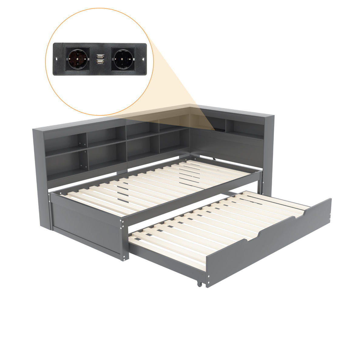 JUGENDBETT 90/200+90/190 mit USB-Steckdose und Ablagefächern aus Massivholz in Grau - Grau, Holzwerkstoff (90/200cm) - EVRYAE