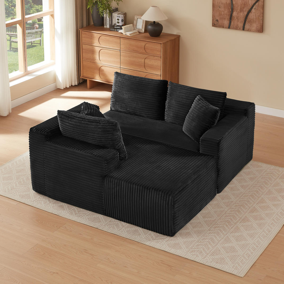 ECKSOFA 3-Sitzer Cord Schwarz mit Rücken- und Nackenkissen - Schwarz, Textil (252.5/163cm) - WISHDOR