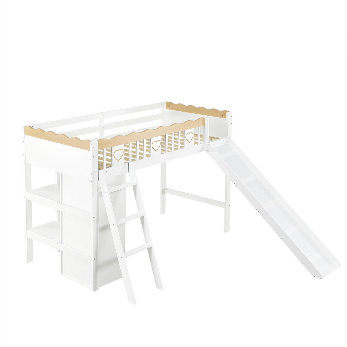 SPIELBETT 90/200 cm DE-02303, in Weiß, mit Rutsche, Kleiderschrank und Ablageschrank - Weiß/Naturfarben, Holz/Holzwerkstoff (90/200cm) - ComfortXL