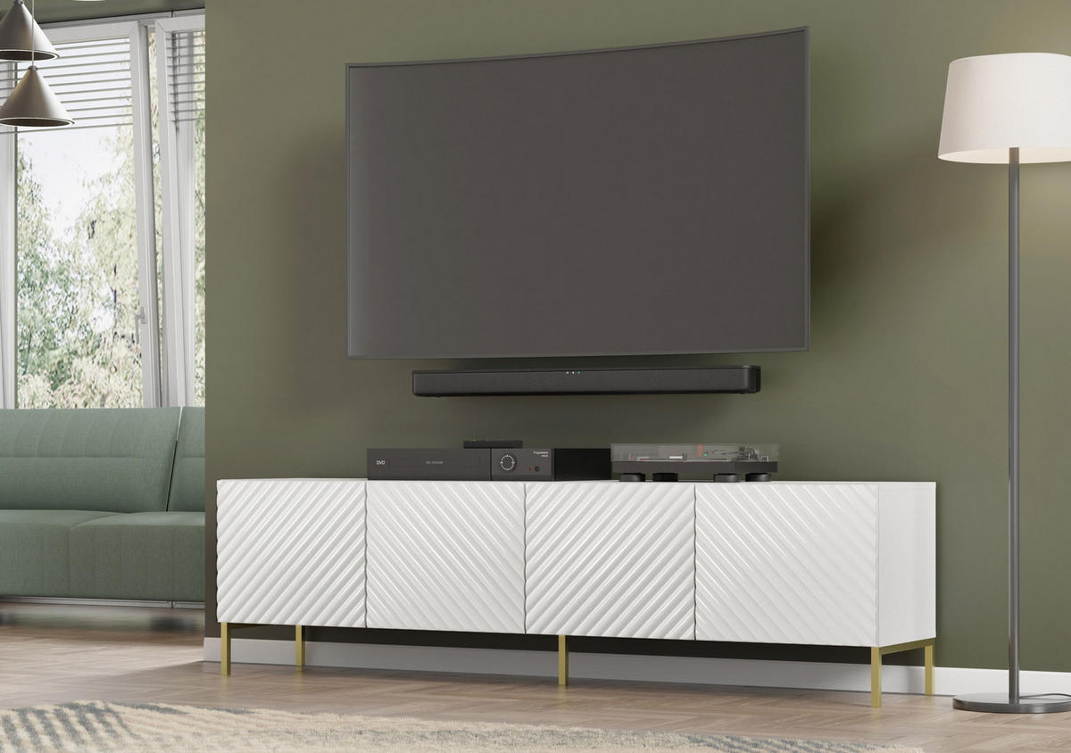 TV LOWBOARD Weiß Hochglanz, Gold 200/56/42 - Weiß Hochglanz, Holzwerkstoff (200/56/42cm) - RAUMHIRSCH FURNITURE