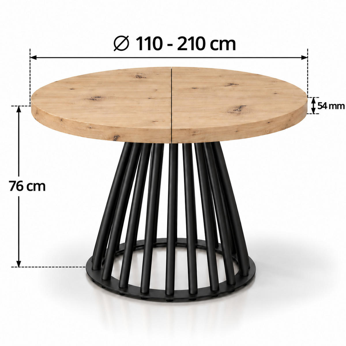 ESSTISCH rund ausziehbar 110/210/76 cm, Eiche Artisan, 54 cm Tischplatte + Lamellen-Metallgestell Schwarz - Schwarz/Eiche Artisan, Holzwerkstoff/Metall (110/210/76cm) - Damale Möbel
