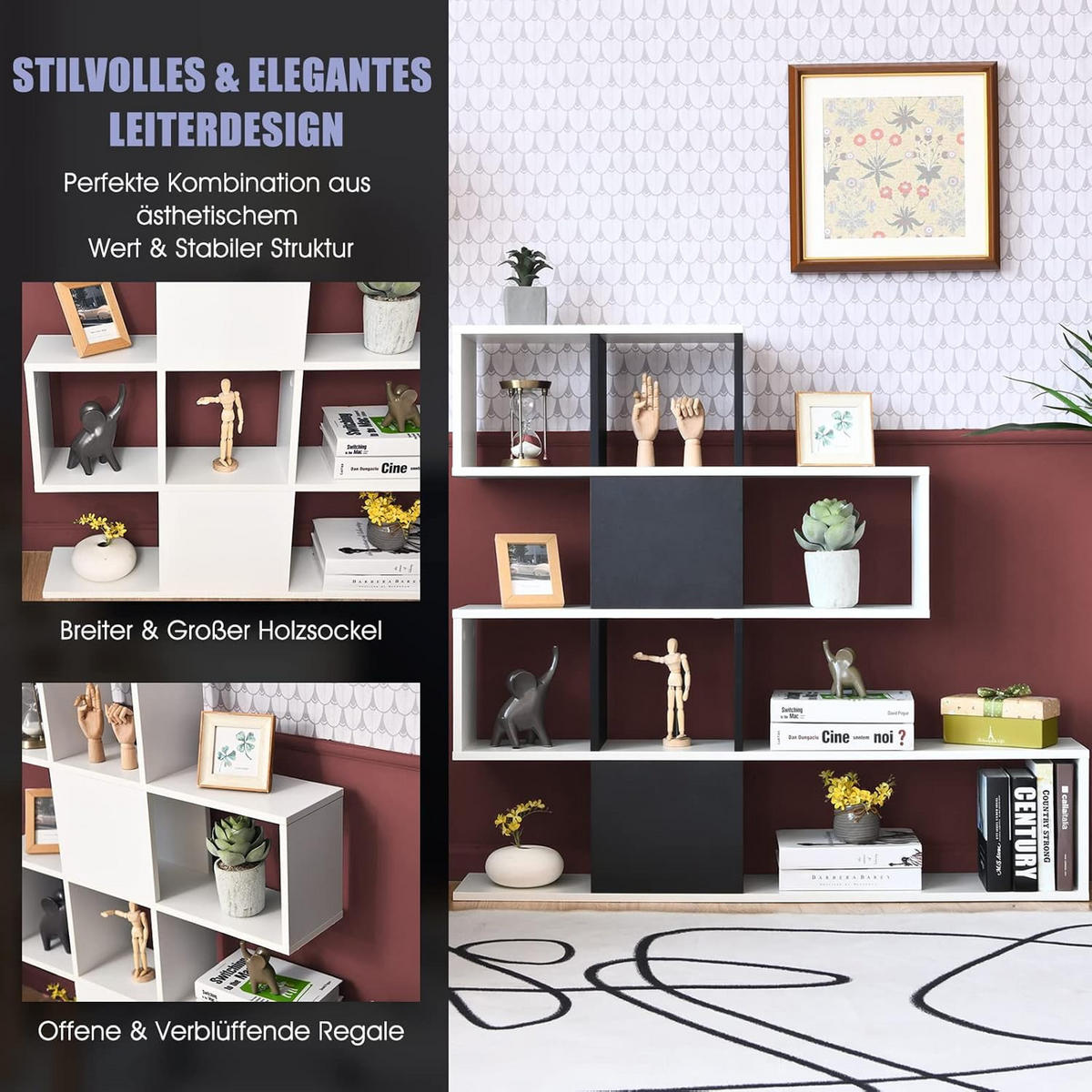 BÜCHERREGAL 5-stöckig Schwarz-Weiß - Schwarz, Holz (20/109/120cm) - COSTWAY