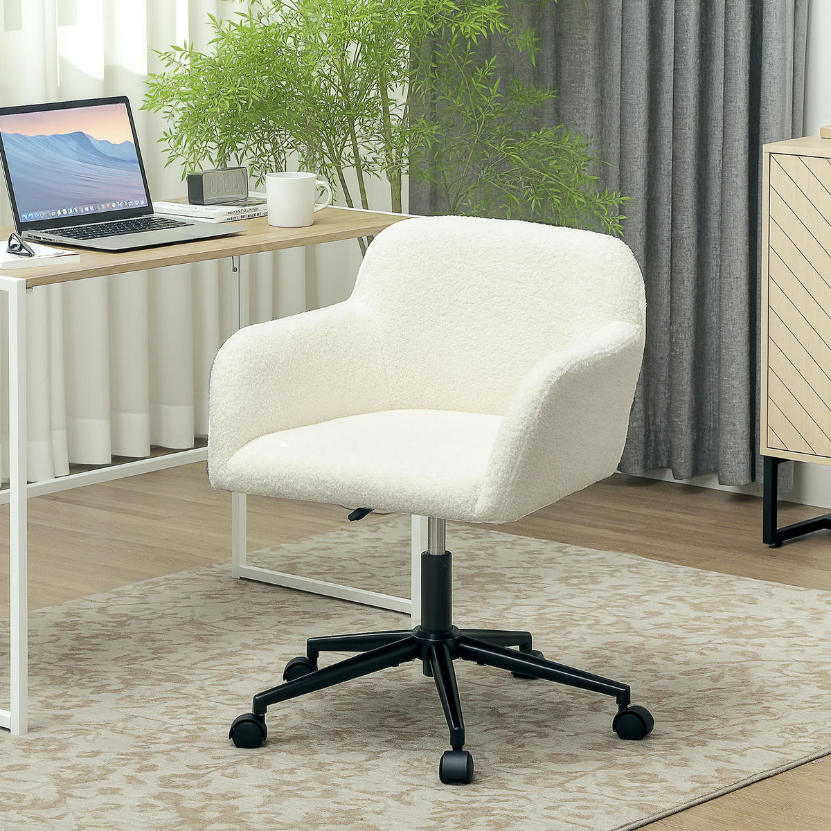DREHBARER Bürostuhl mit Rollen, Schreibtischstuhl, Fleece-Stoff, Schaumstoff, höhenverstellbar, Homeoffice, Cremeweiß - Creme, Textil (60.7/84/63.3cm)