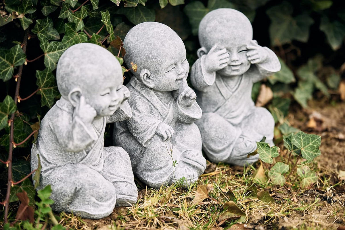 STEINFIGUR 3er Set Shaolin Mönche Nichts sehen, Nichts hören, Nichts Sagen, Steinguss - Grau, Stein (8/16/10cm) - stoneandstyle