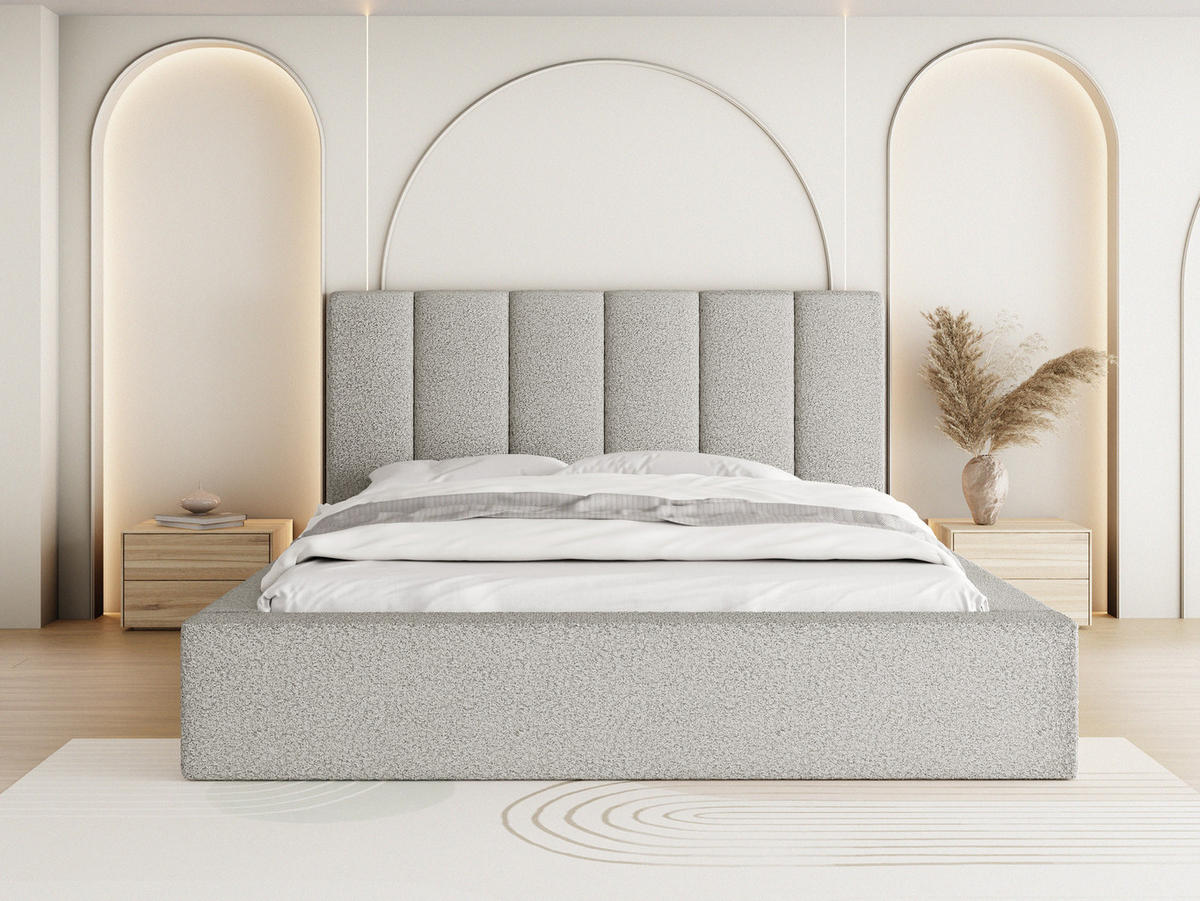 POLSTERBETT Amira mit Bettkasten, Grau Boucle 140x200 cm - Birkefarben/Hellgrau, Holz/Holzwerkstoff (140/200cm) - WFL GROUP