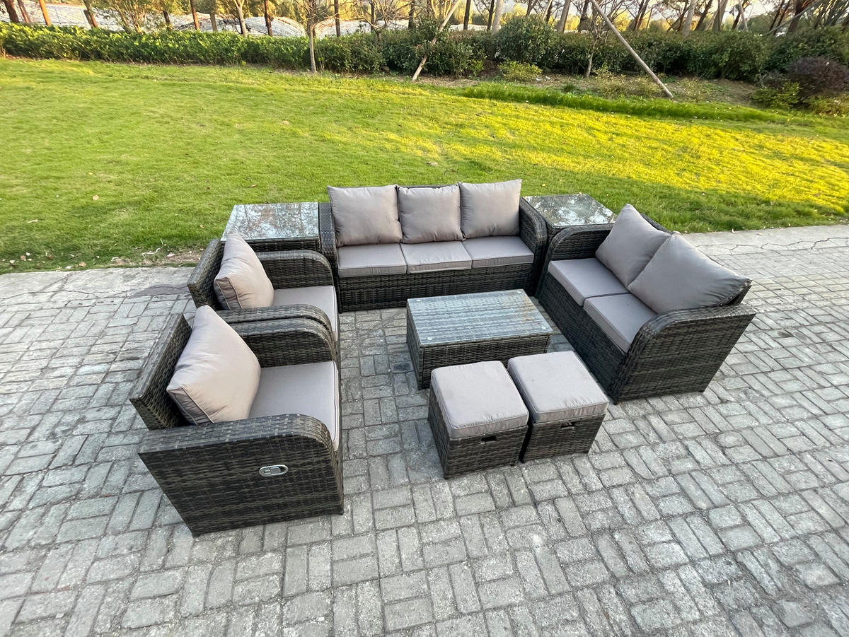 GARTENMÖBELSET mit Couchtisch Polyrattan 9-Sitzer - Dunkelgrau/Grau, Glas/Kunststoff - Fimous