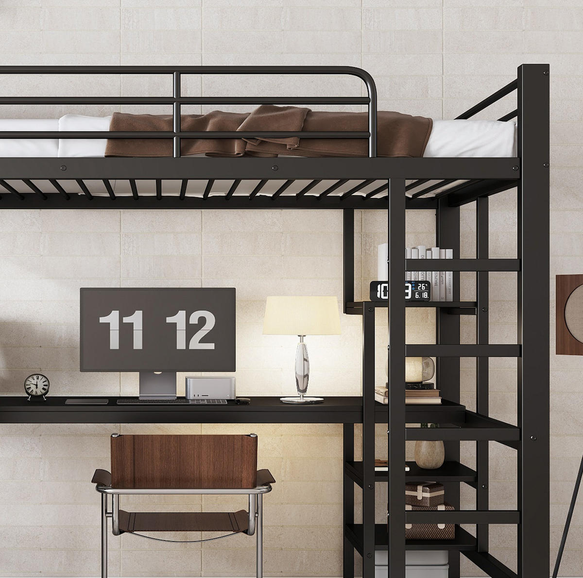 HOCHBETT 90/200 cm aus Metall mit Schreibtisch und Kleiderschrank in Schwarz - Schwarz, Metall (90/200cm) - Flora Grace