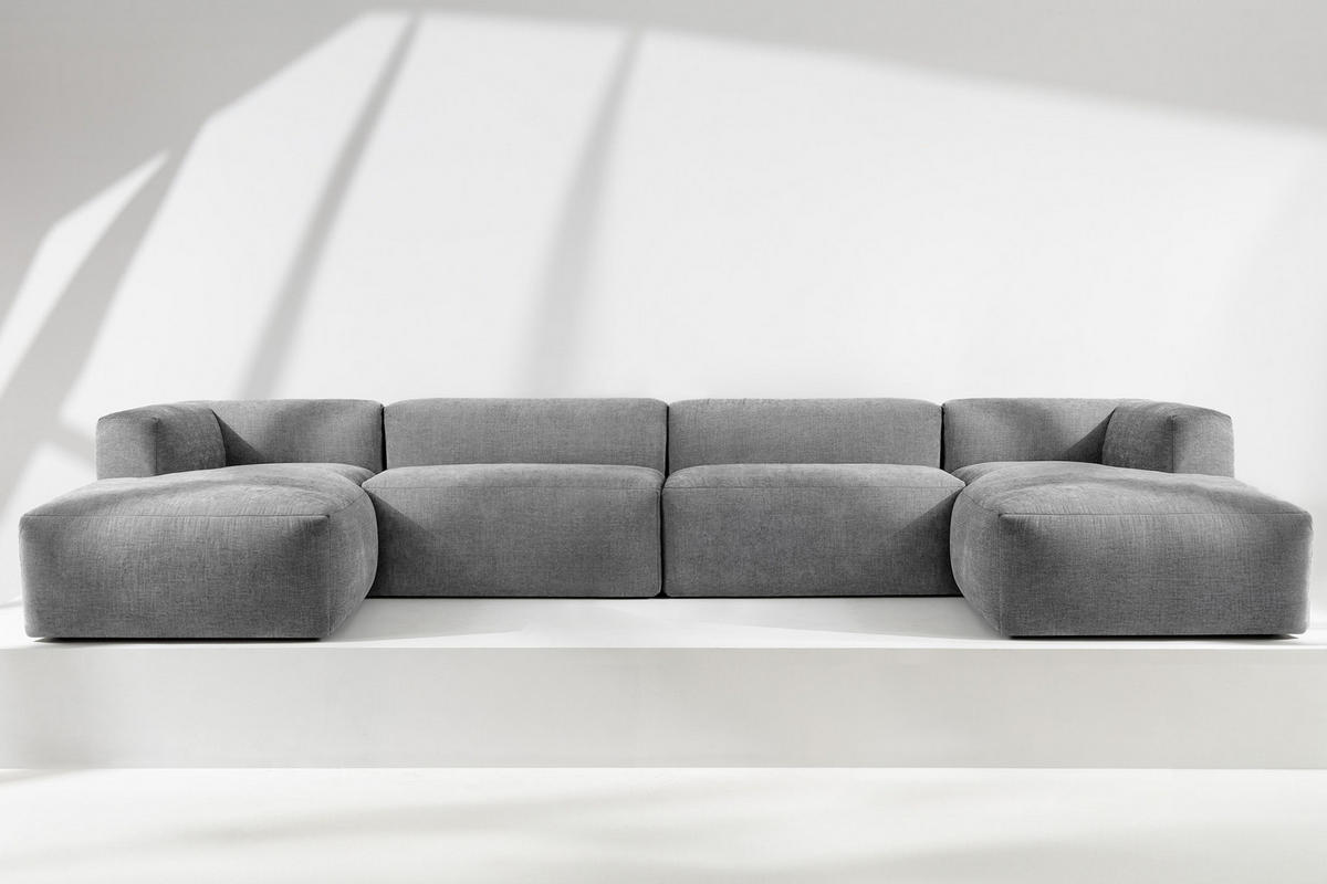 PANORAMA-ECKSOFA BUFFO 7/8 Sitzer mit extrem weicher Sitzfläche, Gewebestoff, hell aschfahl - Hellgrau/Grau, Textil (424/73/180cm) - KONSIMO®