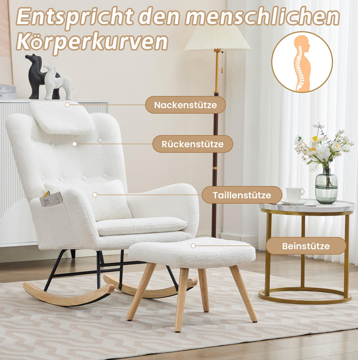 RELAX-SCHAUKELSTUHL 73/92/102 cm mit Hocker und Teddybezug – bis 100 kg belastbar - Weiß, Textil (92/102/73cm) - BEAOK