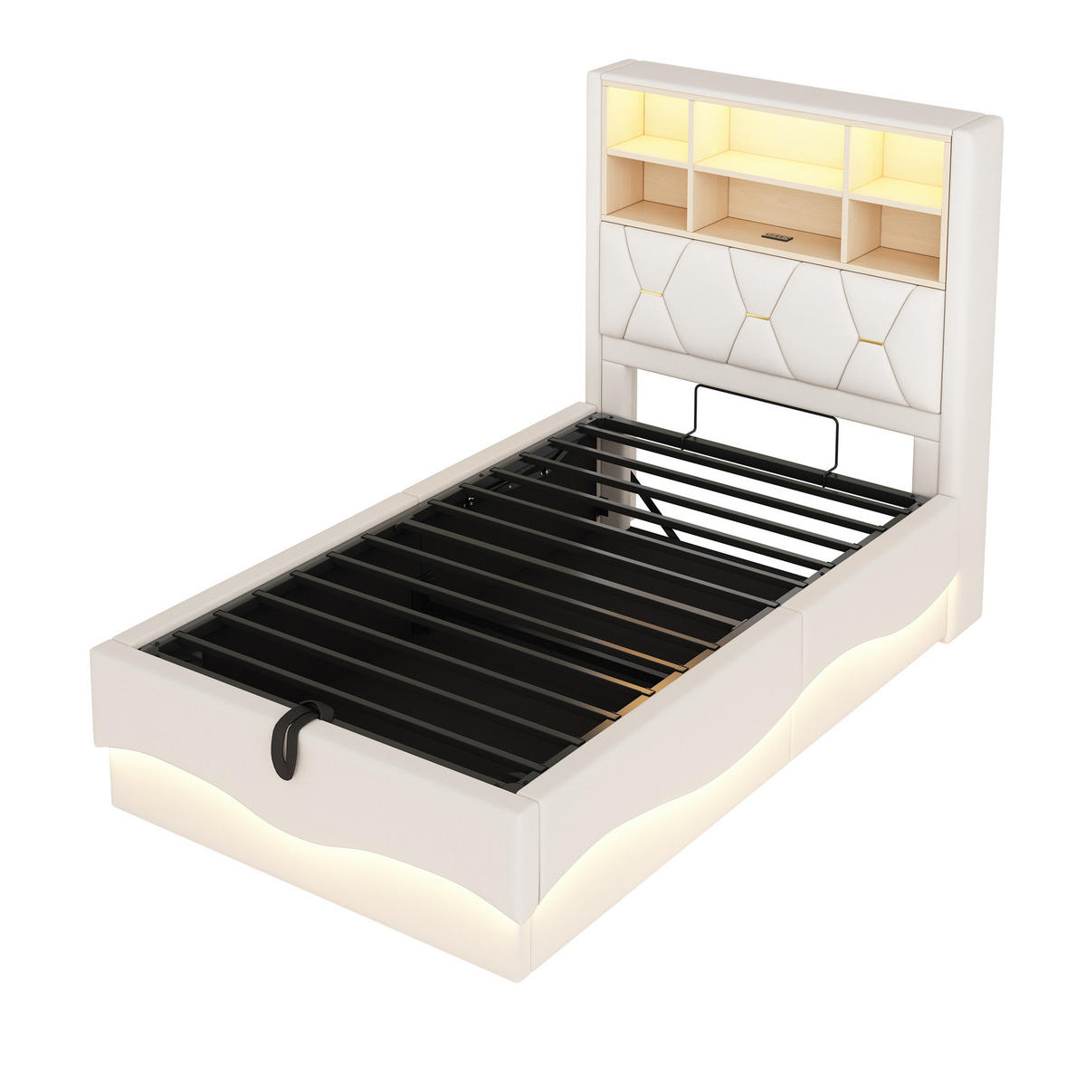 KINDERBETT 90/200 cm Beige mit hydraulischem Stauraum und LED-Beleuchtung - Beige, Metall (90/200cm) - OKWISH