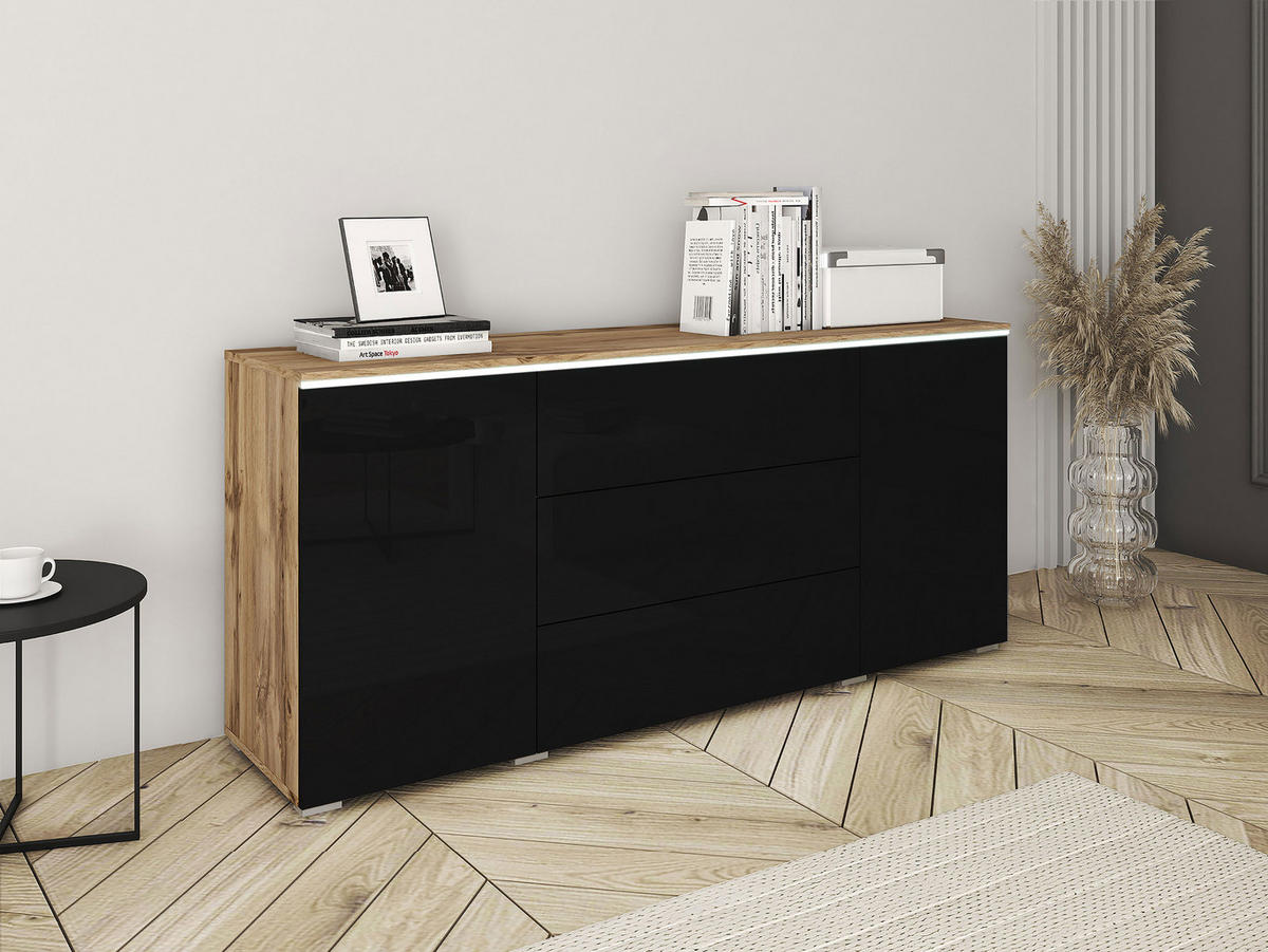 SIDEBOARD Vera 150 mit weißer LED Beleuchtung - Schwarz Hochglanz/Eiche Wotan, Holzwerkstoff (150/66/40cm) - MIRJAN24
