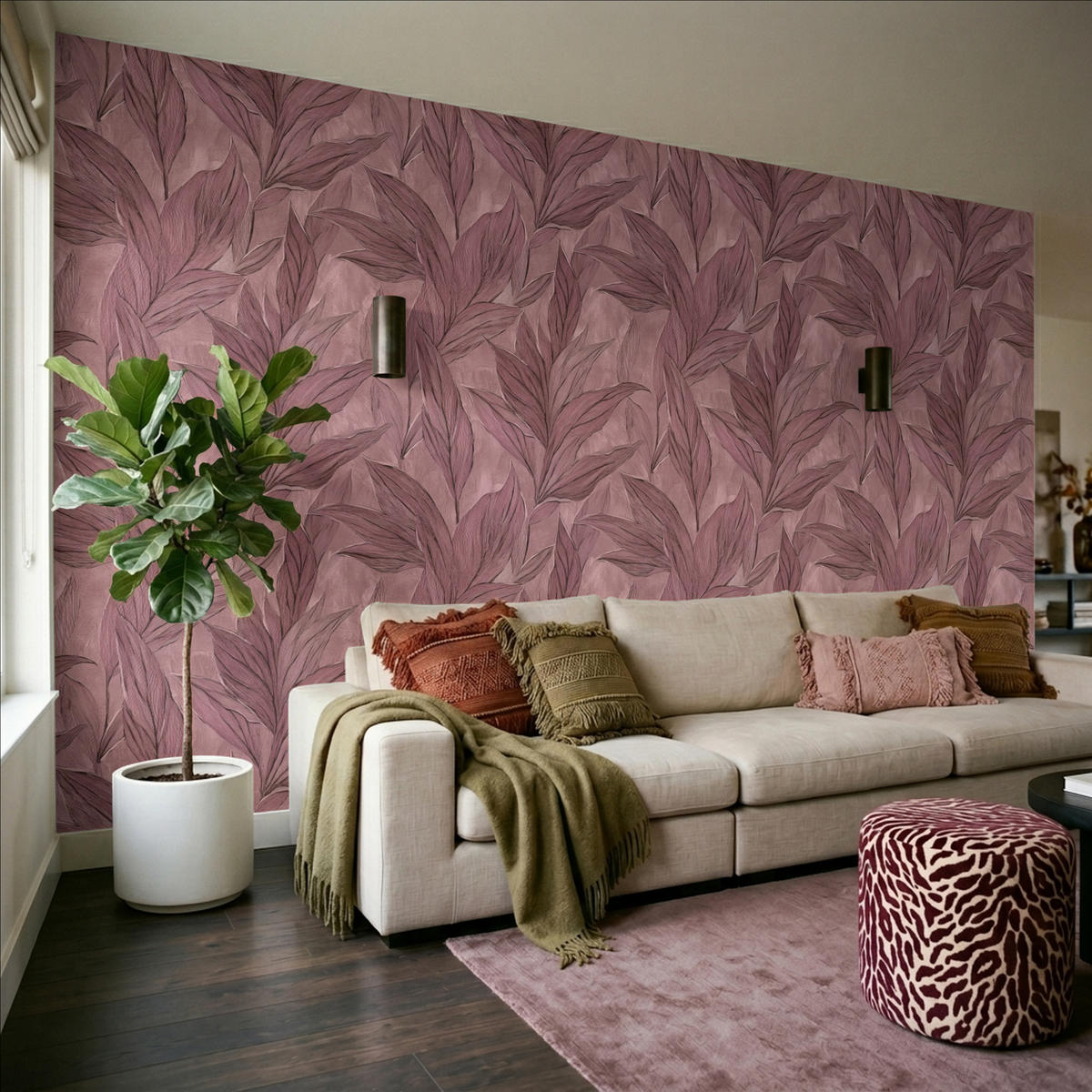 TAPETE - Blätter - Muster - Lila - 500x300 cm - Altrosa, Papier (500/300cm) - OnlyWow