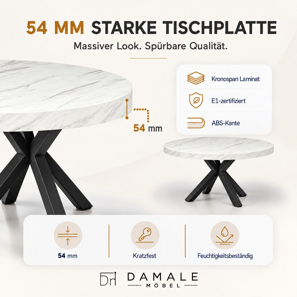ESSTISCH rund ausziehbar 110/310/76 cm, Marmoroptik, 54 cm Tischplatte + X Metallbeine Schwarz - Weiß/Grau, Holzwerkstoff/Metall (110/310/76cm) - Damale Möbel