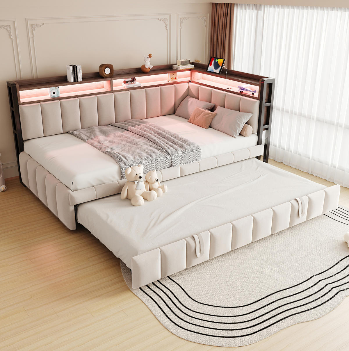 POLSTERBETT Schlafsofa Samt 90x200 cm Beige mit Ausziehbett, LED-Beleuchtung, USB- und Typ-C-Anschlüssen - Beige, Textil (90/200cm) - Modfu