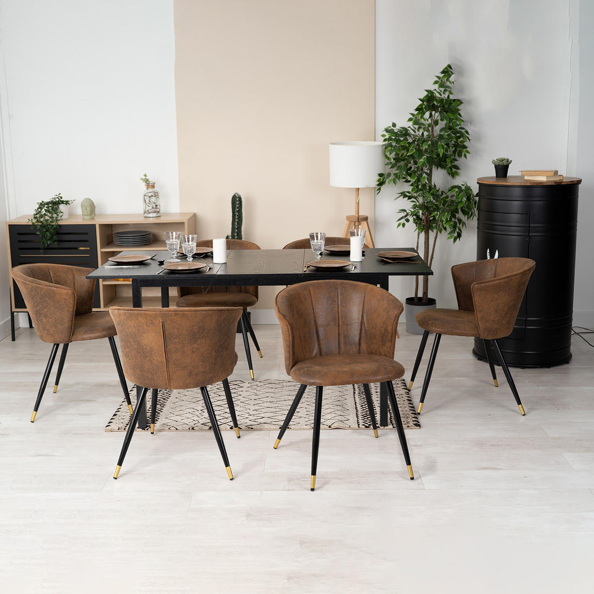 ESSTISCH-SET mit ausziehbarem Tisch und 6 Schalensesseln in Wildlederoptik, Schwarz - Multicolor, Textil (46/74.5/43cm) - Meubles Cosy