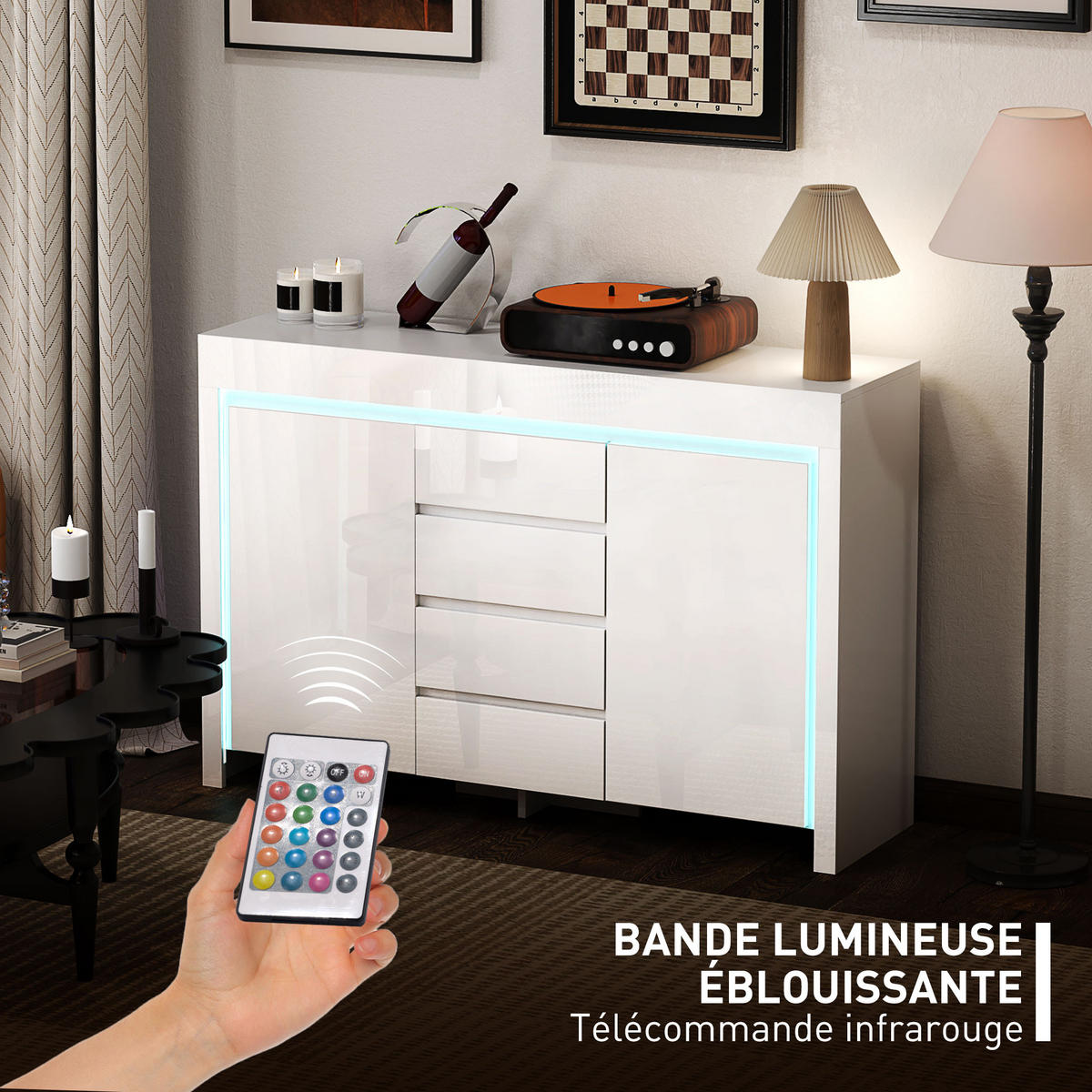 SIDEBOARD Weiß Hochglanz, LED-Beleuchtung, 4 Schubladen, 120/34/80 cm - Weiß Hochglanz, Holz (120/80/34cm) - PANGIVO