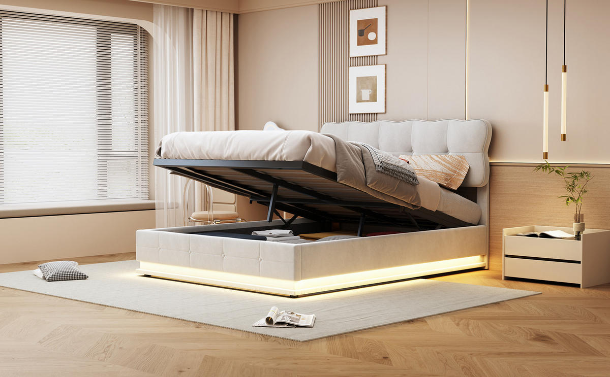 POLSTERBETT 140x200 cm Beige Samt LED Bettkasten - Beige, Holz (140/200cm) - SHOPENTRA