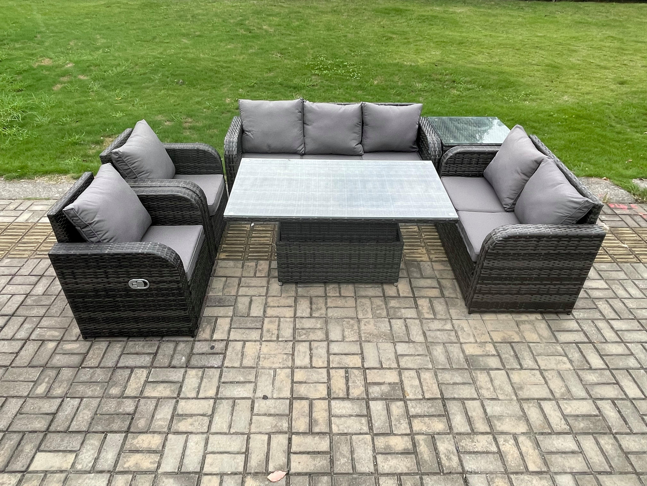 LOUNGESOFA Polyrattan 7-Sitzer - Dunkelgrau/Grau, Glas/Kunststoff - Fimous