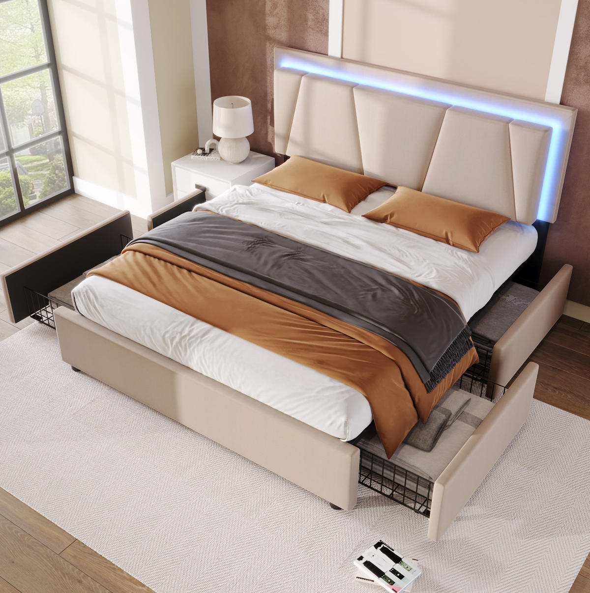 POSTEL s úložným prostorem 160/200 cm béžová z lnu a dřeva s LED osvětlením a nastavitelným čelem - béžová, kompozitní dřevo (160/200cm) - OKWISH