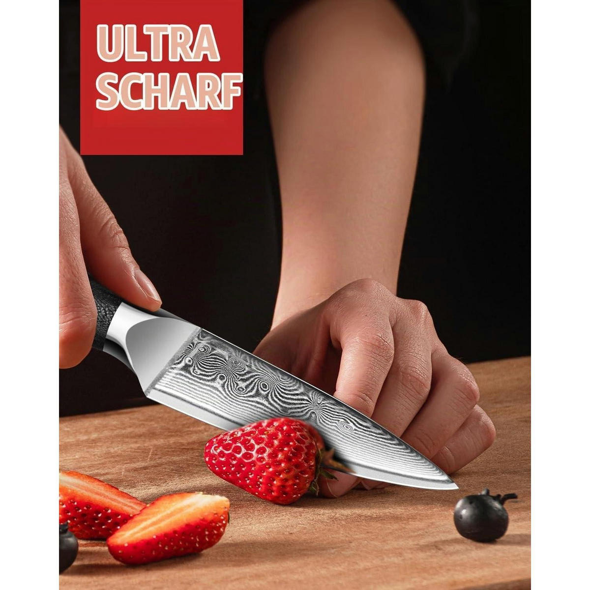 KÜCHENMESSER Damaststahl 9 cm VG10 G10-Griff Geschenkpaket - Silberfarben, Metall (20.3cm)