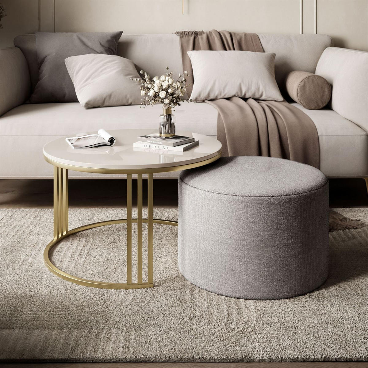 COUCHTISCH mit Hocker LORI Hochglanz gebürstetes Gold/glänzender Kaschmir/Perfect Harmony 82 - Kaschmir, Metall (70/70/49cm) - Lookway