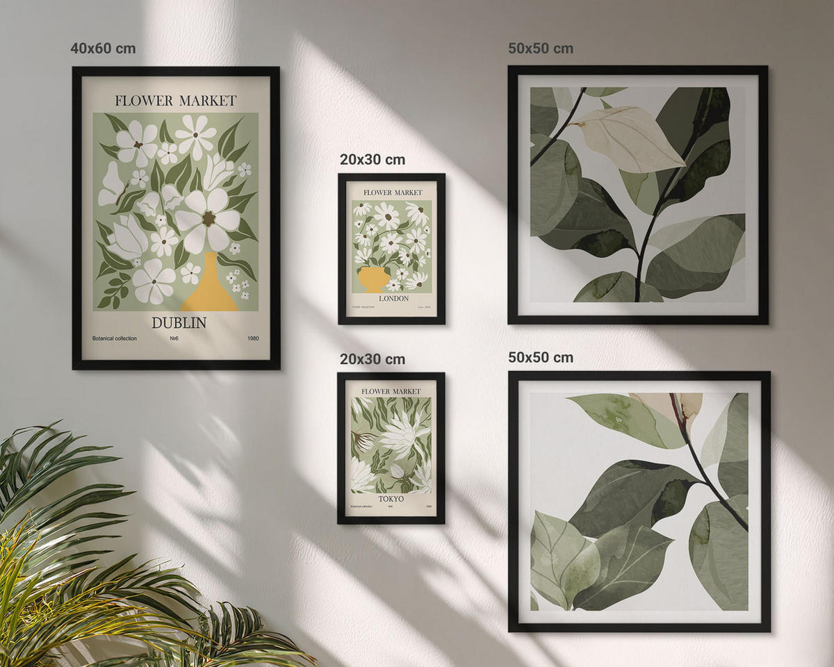 WANDBILDER 5er-Set - 50x50 cm & 20x30 cm & 40x60 cm Schwarzer Rahmen - Blumenmuster London Dublin - Schwarz, Kunststoff (40/60cm) - ArtPrintCave