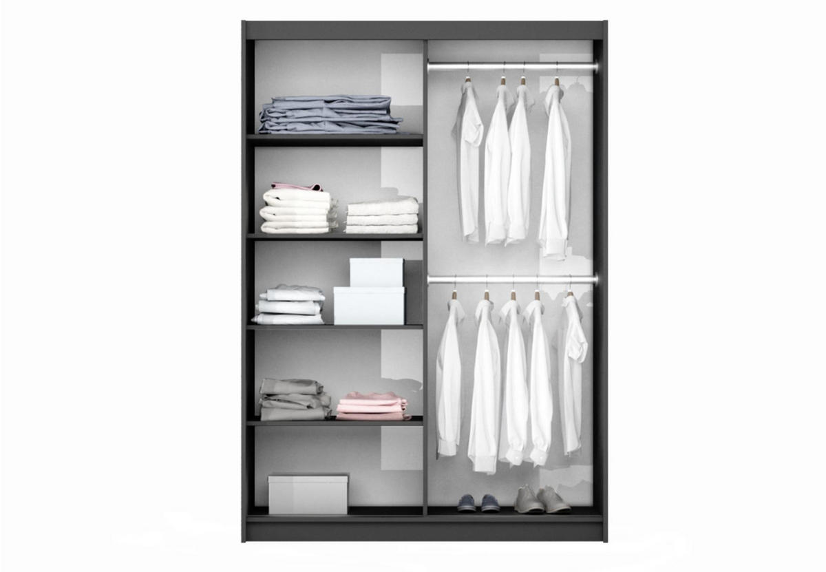 KLEIDERSCHRANK Govi 150 Schwarz, zweitüriger Schiebeschrank mit Spiegel - Schwarz, Holzwerkstoff (151/215/65cm) - Bettso