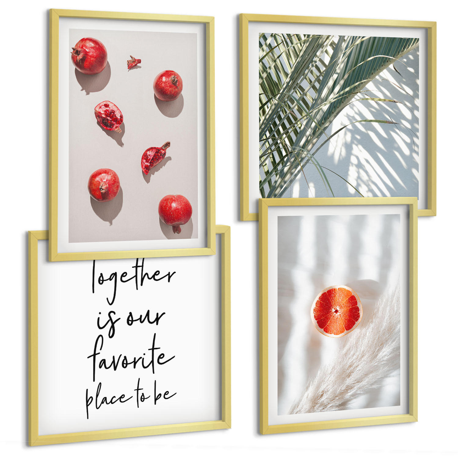 BILDER SET 4er Set - 50x50 cm & 40x60 cm Goldrahmen - Feiertags-Palmenfrucht-Inschrift - Goldfarben, Kunststoff (50/50cm) - TULUP