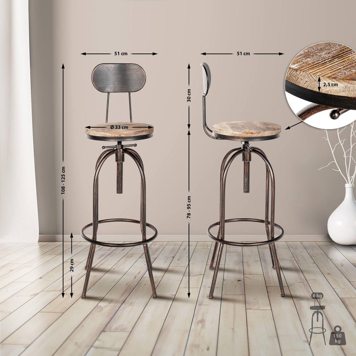 BARHOCKER Pino höhenverstellbar 51x108-125x51 cm bronze - Bronzefarben, Metall (51/108/51cm) - furnicato
