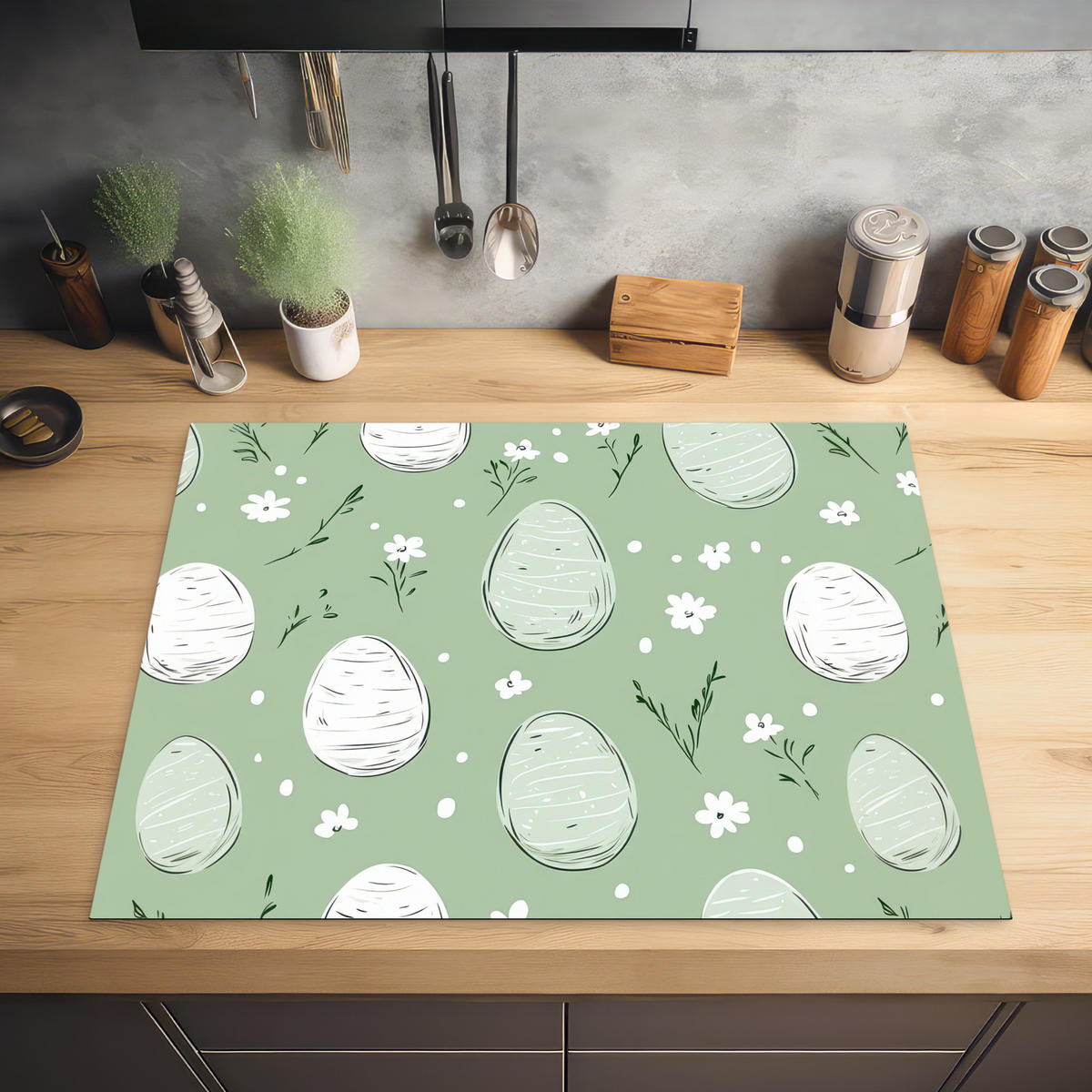 HERDABDECKPLATTE Grün - Eier - Muster Induktionsmatte 77x59 cm - Waldgrün, Kunststoff (77/59/0.2cm) - MuchoWow