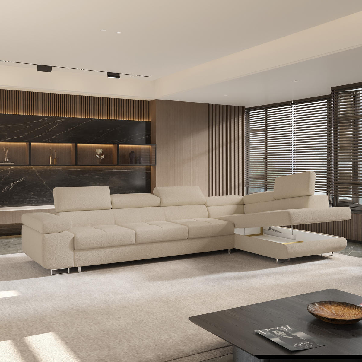 ECKSOFA VICENTE Beige Boucle-Stoff mit Schlaffunktion - Beige, Holz (346/202cm) - MASSENO