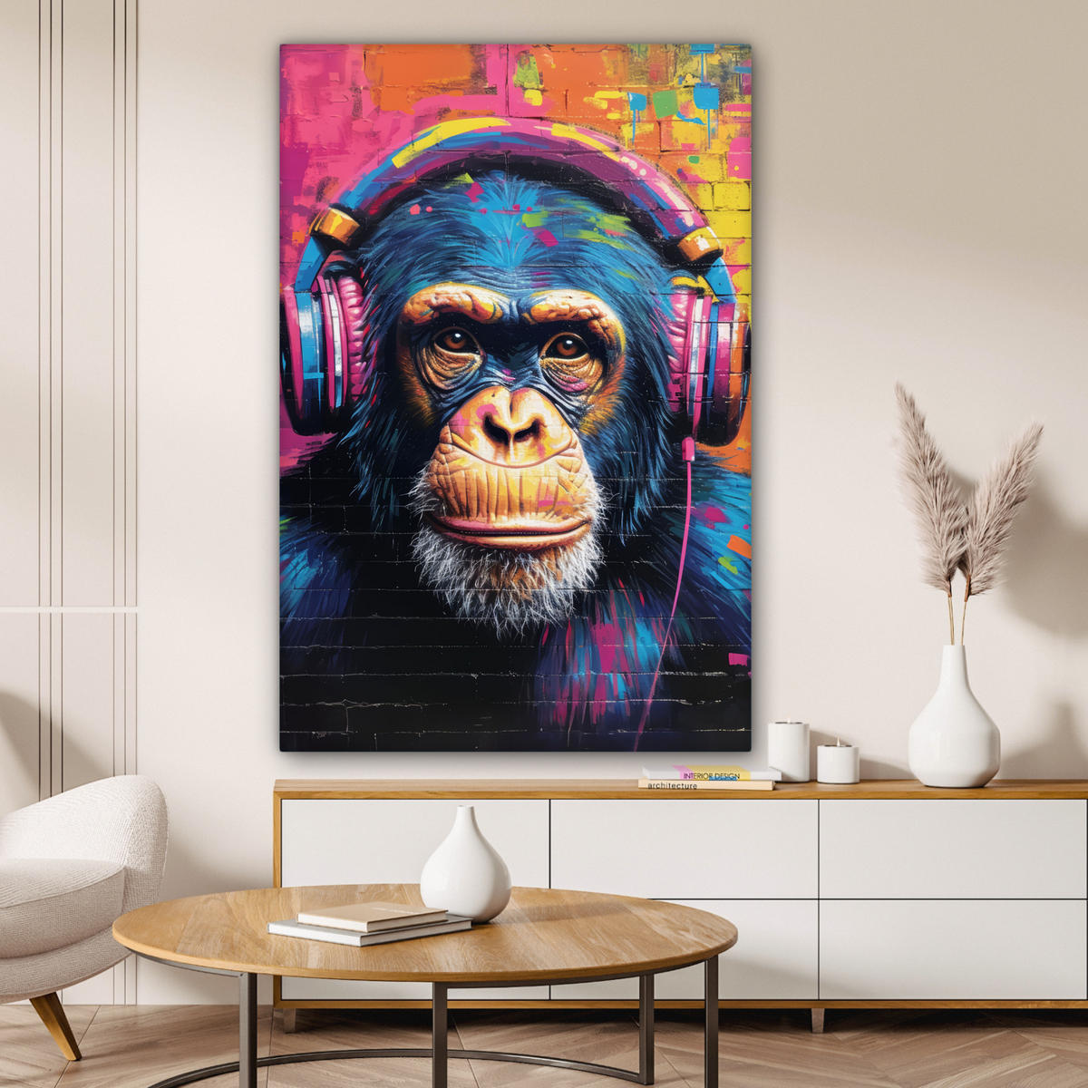 LEINWANDBILD Graffiti - Schimpanse - Straßenkunst - Kopfhörer - Affe 90x140 cm - Blau, Textil (90/140cm) - MuchoWow