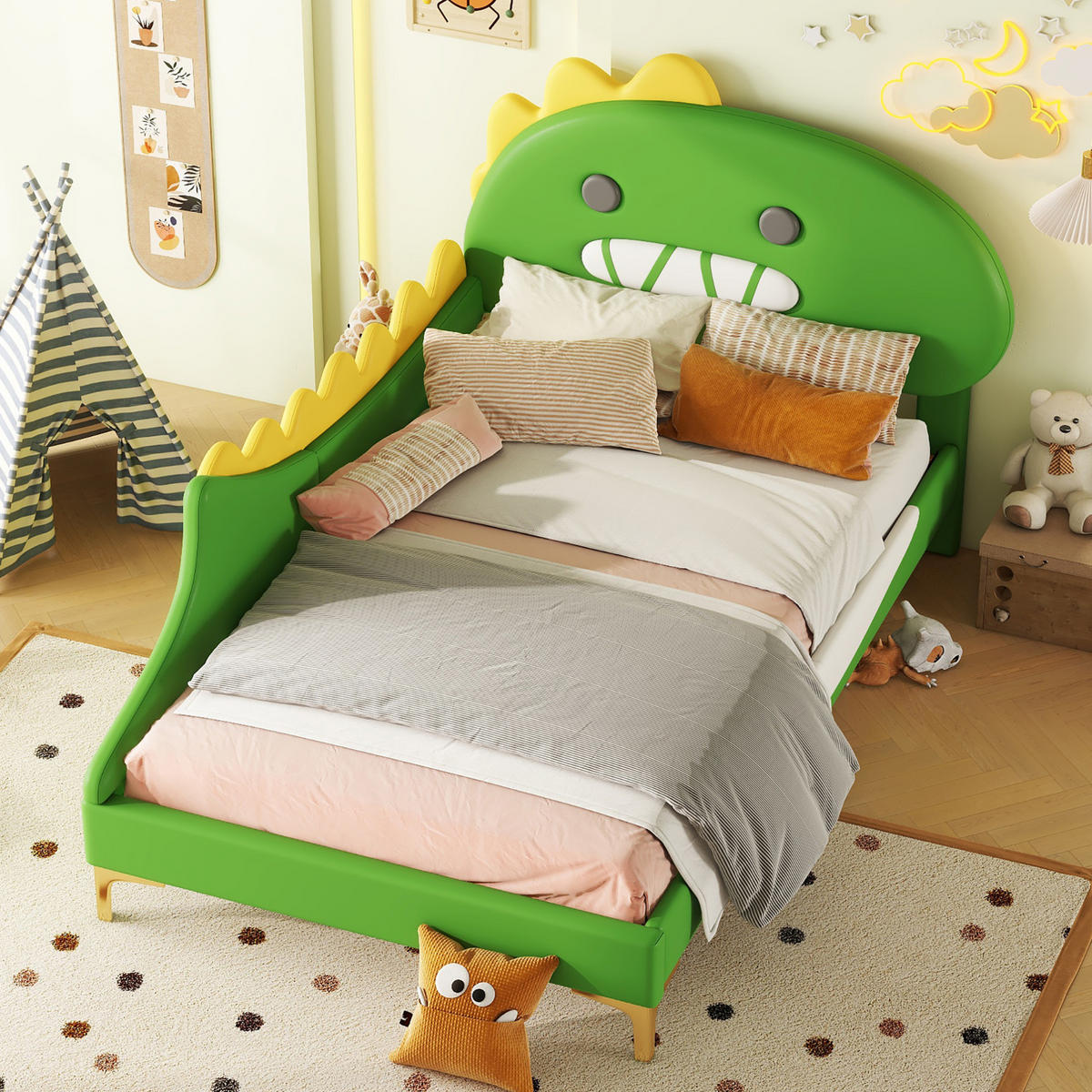 KINDERBETT 90/200 cm aus PU und MDF mit Dinosaurier-Kopfteil Grün - Grün, Kunststoff (90/200cm) - Modenvie