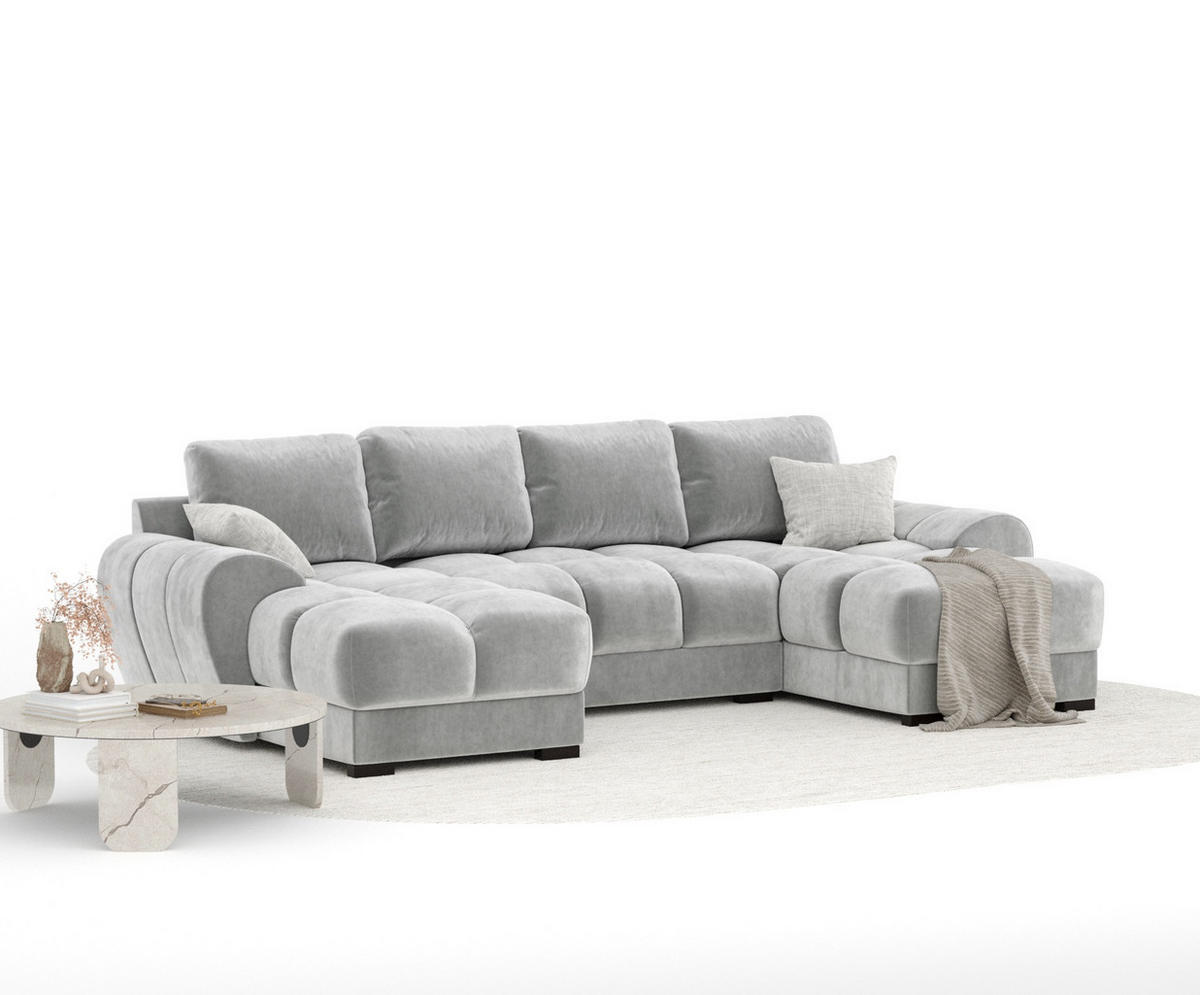 WOHNLANDSCHAFT Peebles Creme Samtstoff - Creme/Schwarz, Holz/Holzwerkstoff (330/90/175cm) - Maison de Reve