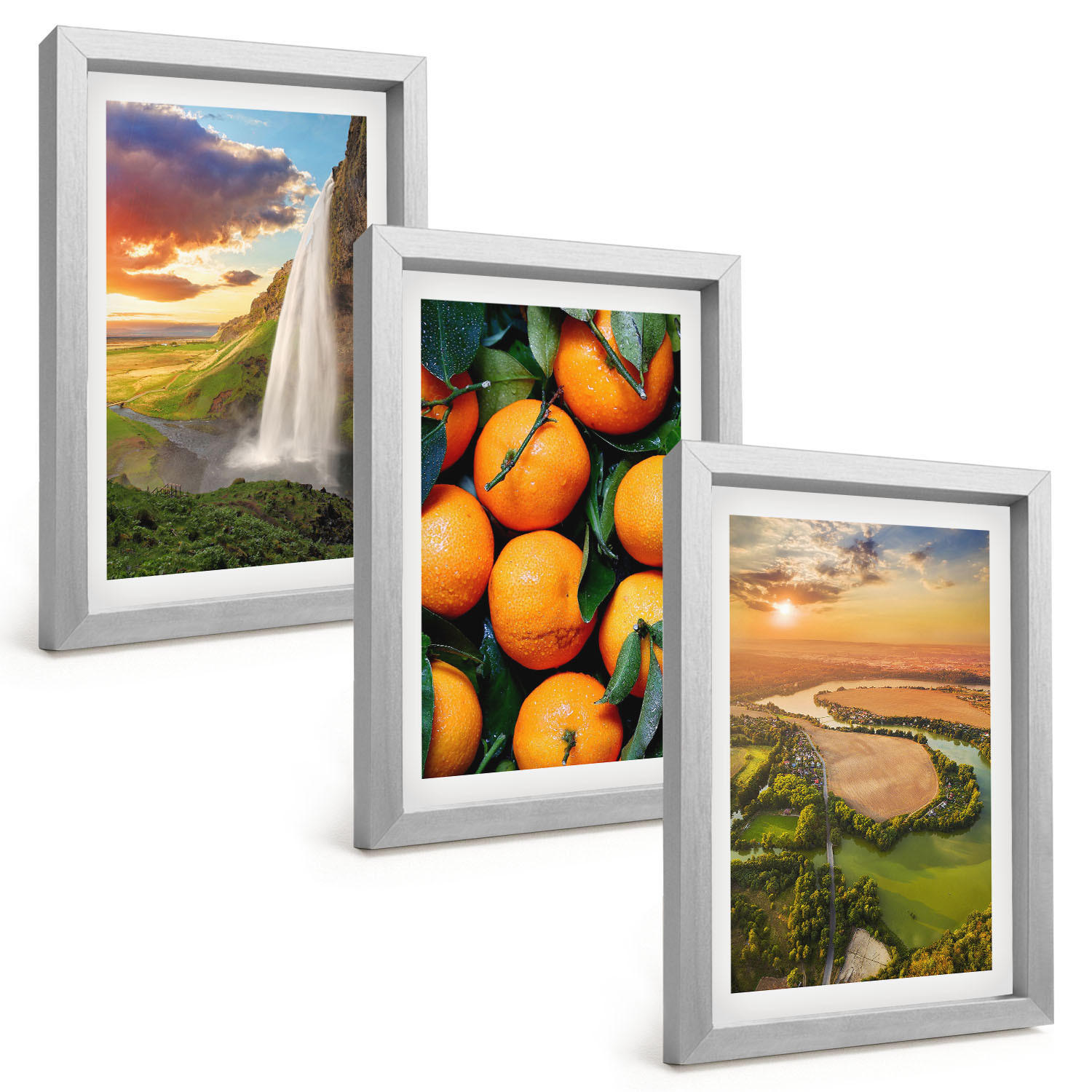 BILDER SET 3er Set - 20x30 cm Silberner Rahmen - Orange Mountain Wasserfall - Silberfarben, Kunststoff (20/30cm) - TULUP