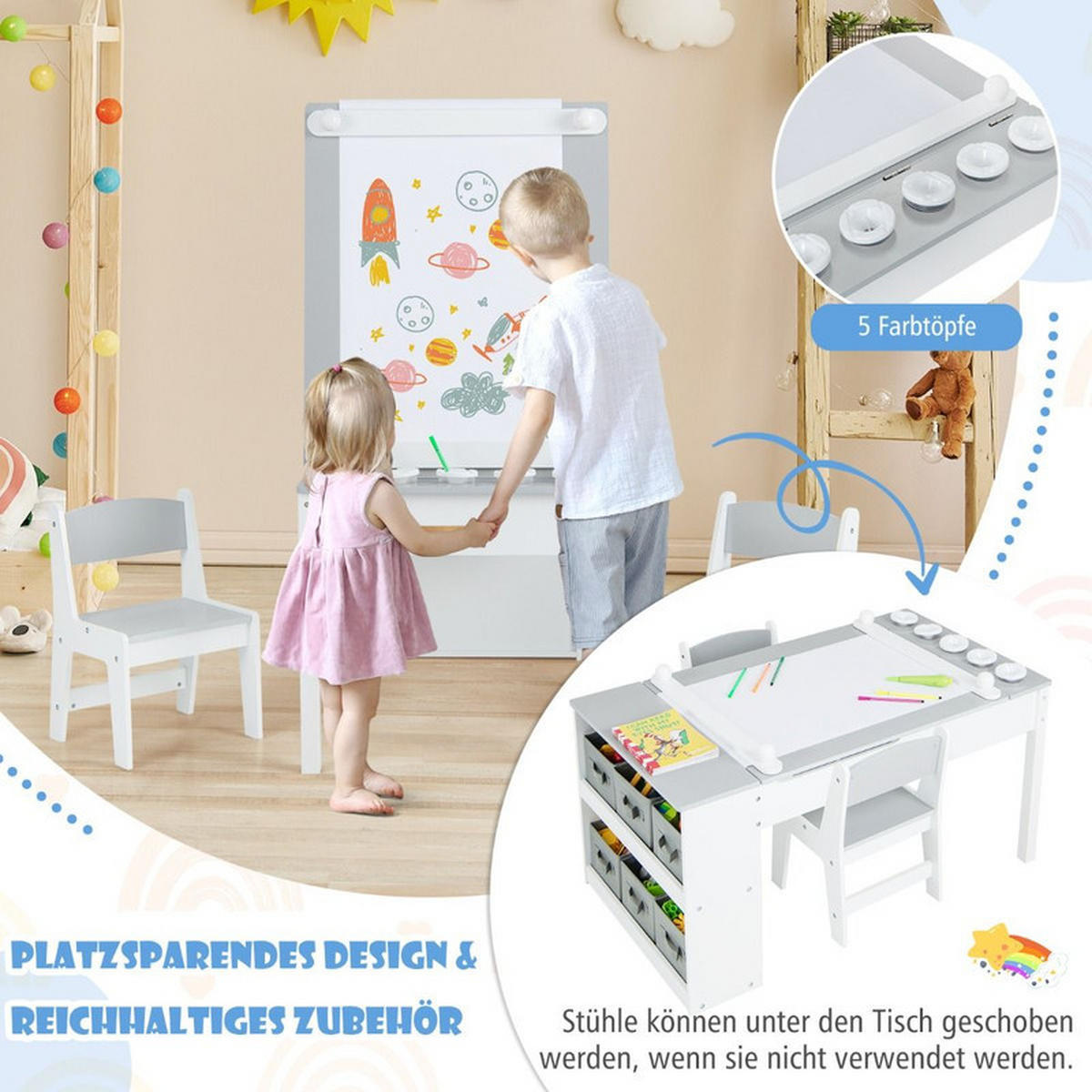 KINDERTISCH mit Stuhl grau(3-tlg) - Grau, Holzwerkstoff (109/55/60cm) - COSTWAY